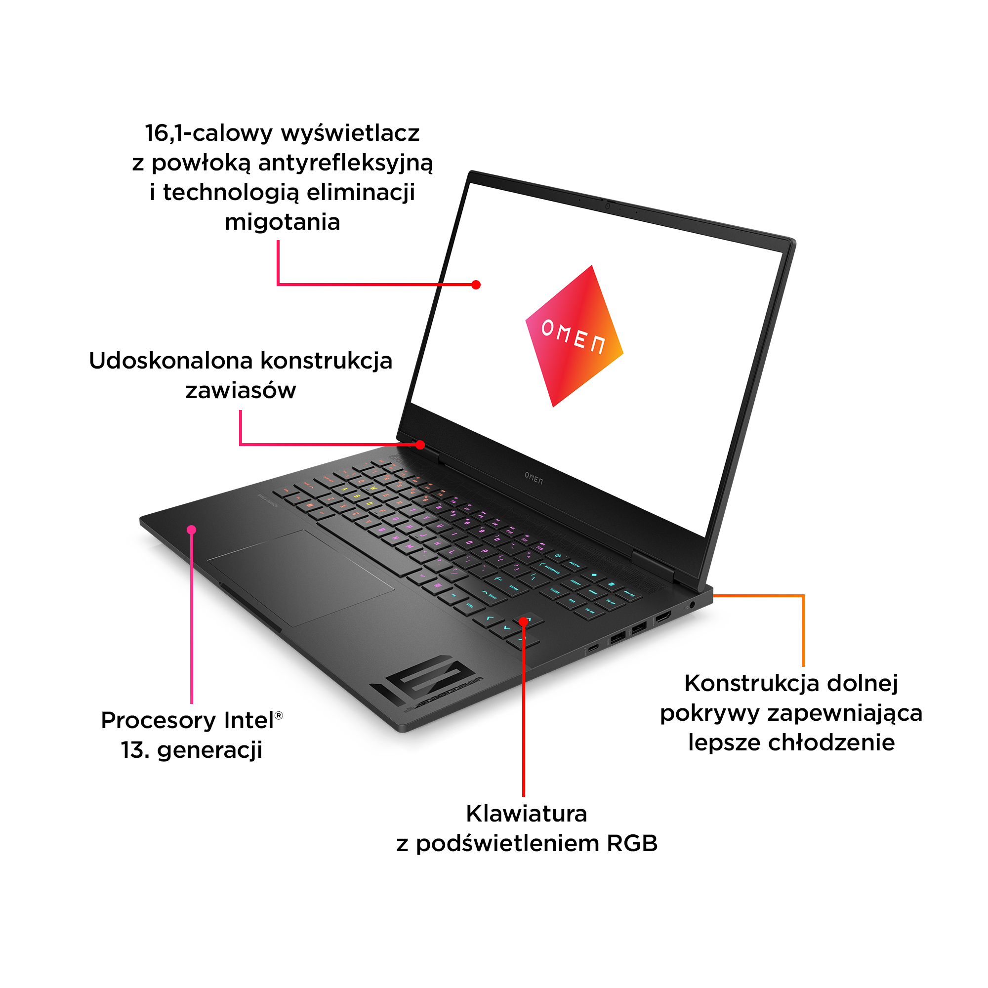Czarny laptop z otwartym logo OMEN, szczegółowo z podświetlonymi funkcjami.