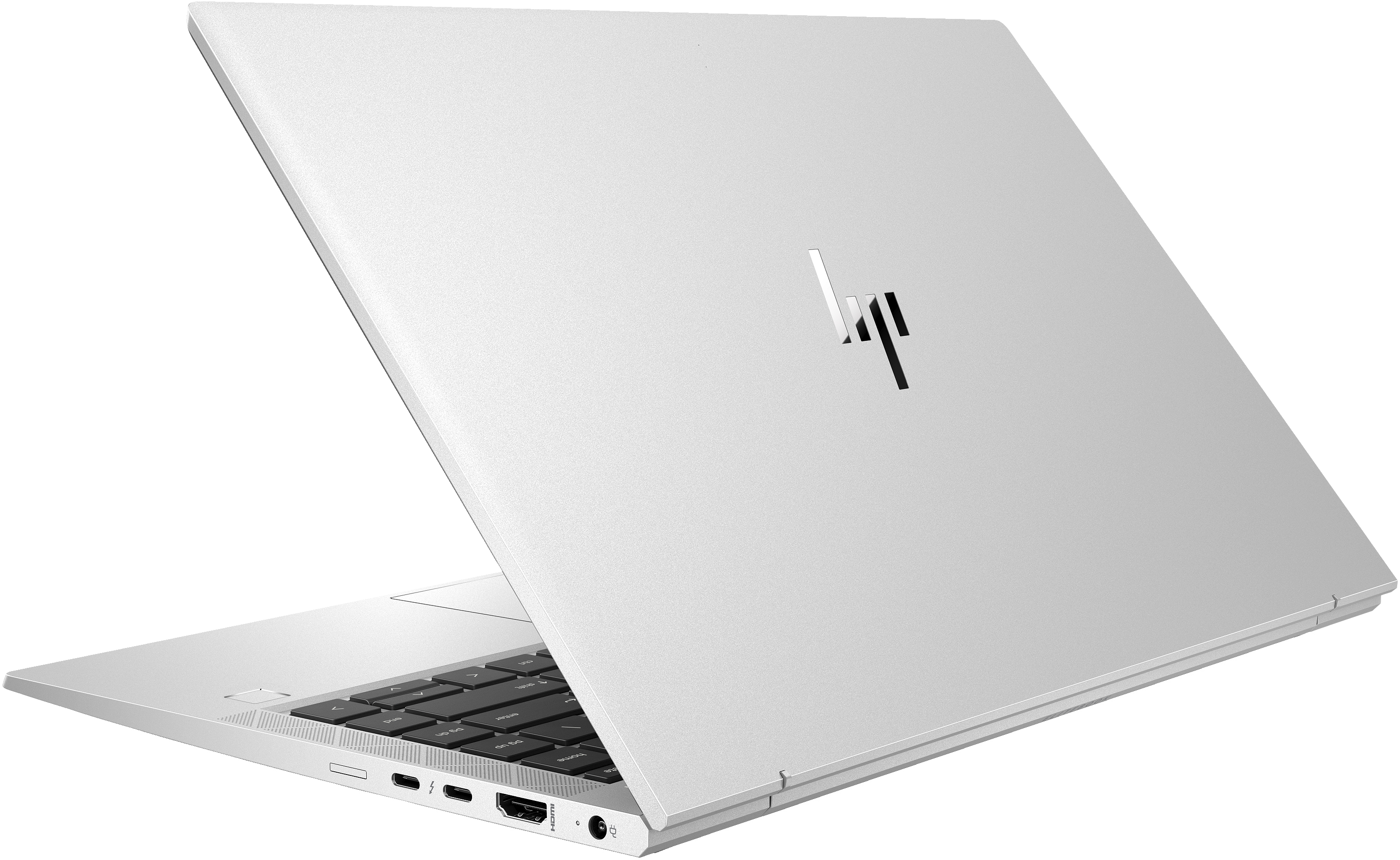 Zilveren laptop, achteraanzicht, HP-logo. Deksel open. Toetsenbord zichtbaar.