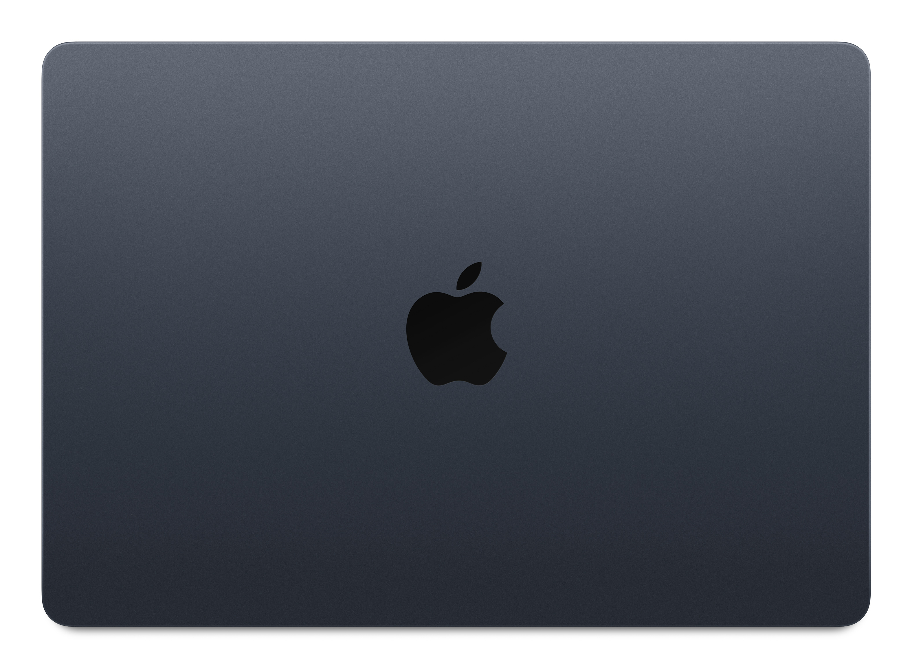 Ciemnoniebieska pokrywa laptopa z czarnym logo Apple pośrodku. Gładka powierzchnia.