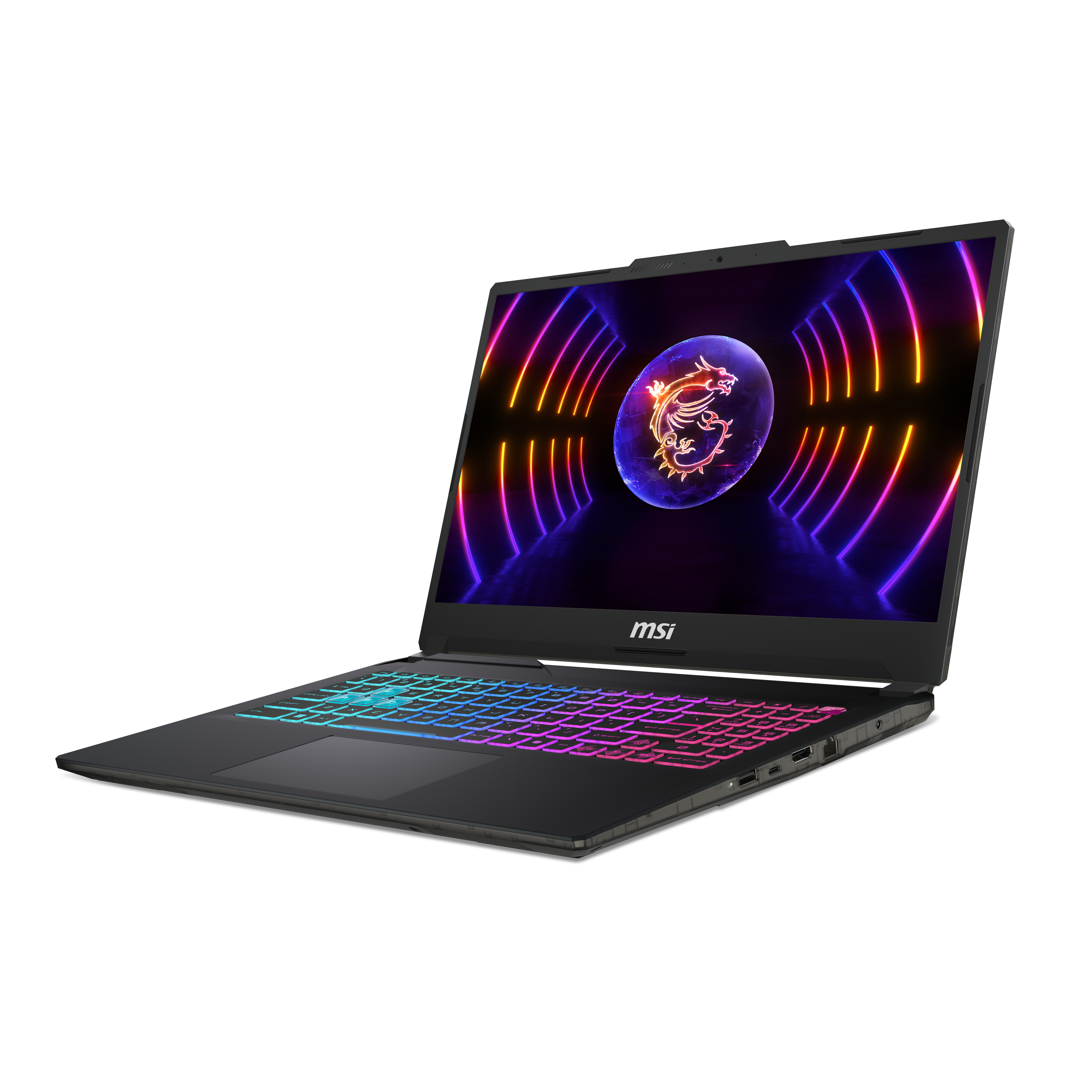 Czarny laptop MSI z kolorową klawiaturą i ekranem z logo smoka.