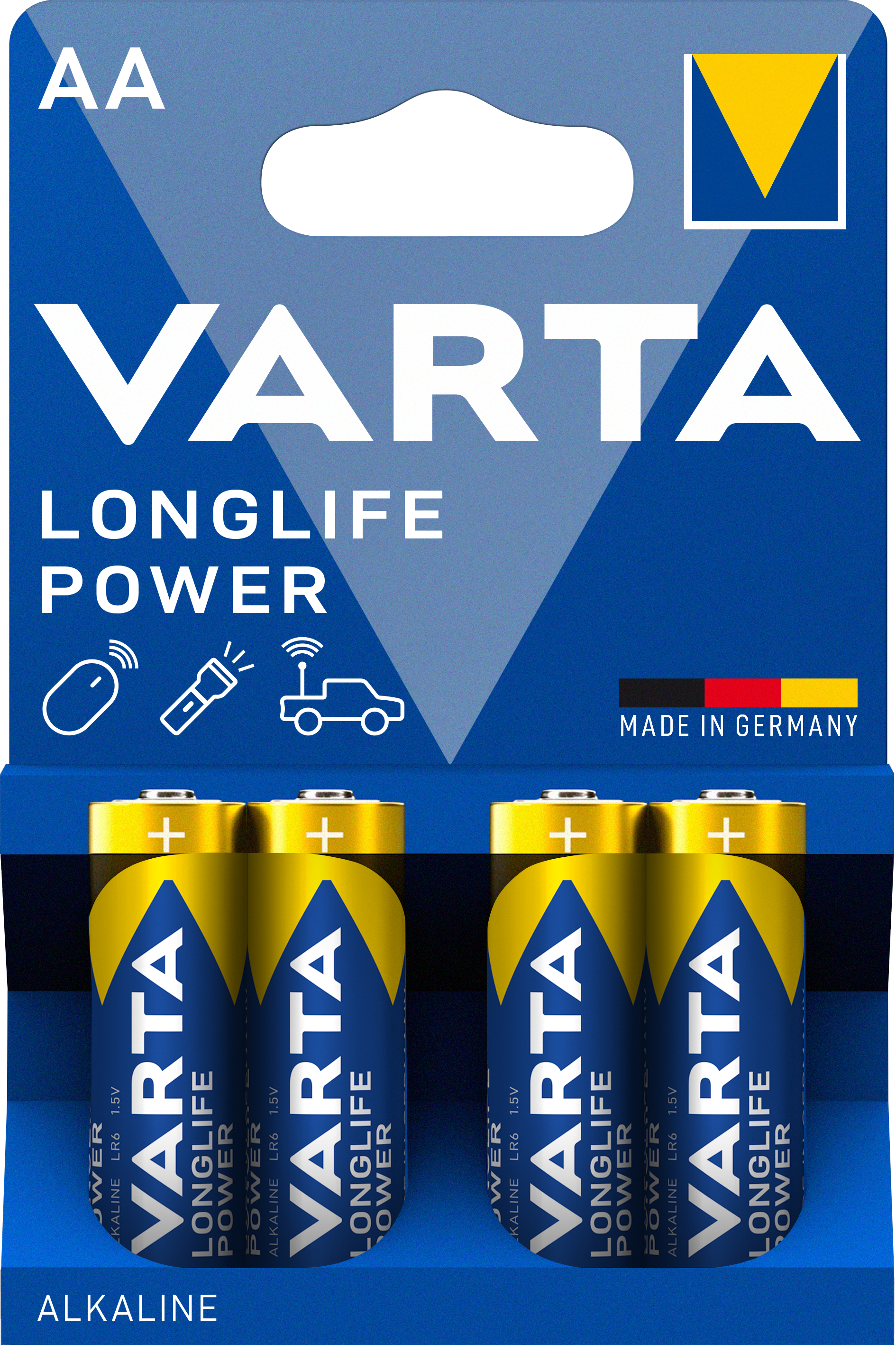 Opakowanie czterech baterii AA. Niebiesko-żółte opakowanie z logo VARTA i informacjami o produkcie.
