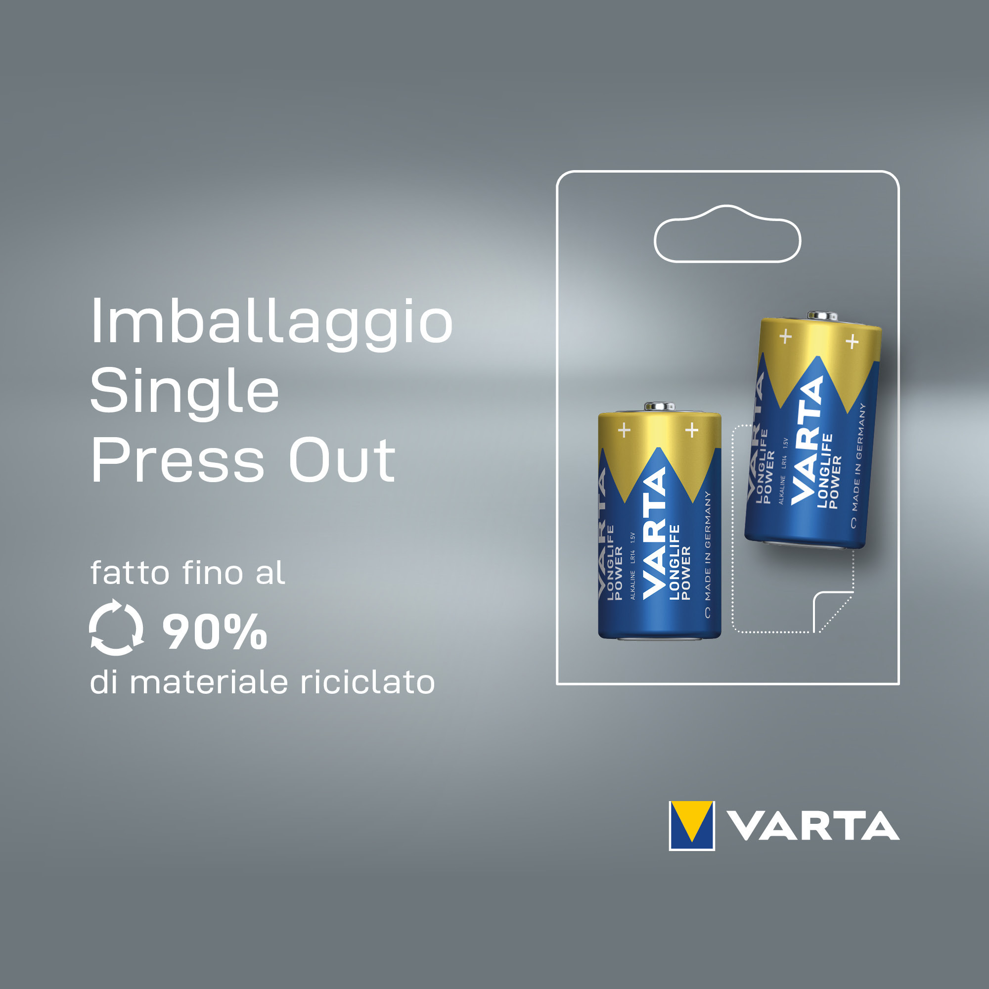 Confezione con due batterie VARTA, marchio blu e giallo, su sfondo grigio chiaro.