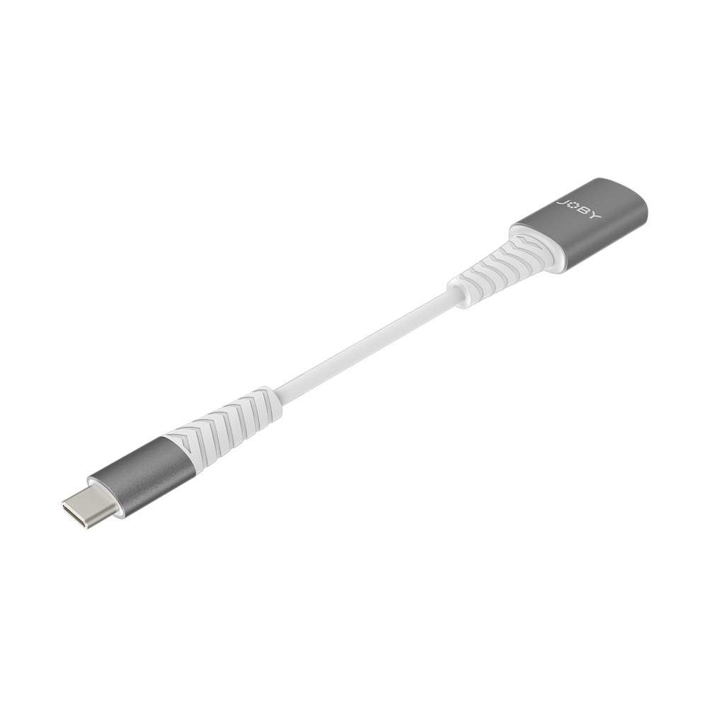 Grau-weißer Adapter. USB-C zu weißem Kabel, endet in einem USB-C-Anschluss.