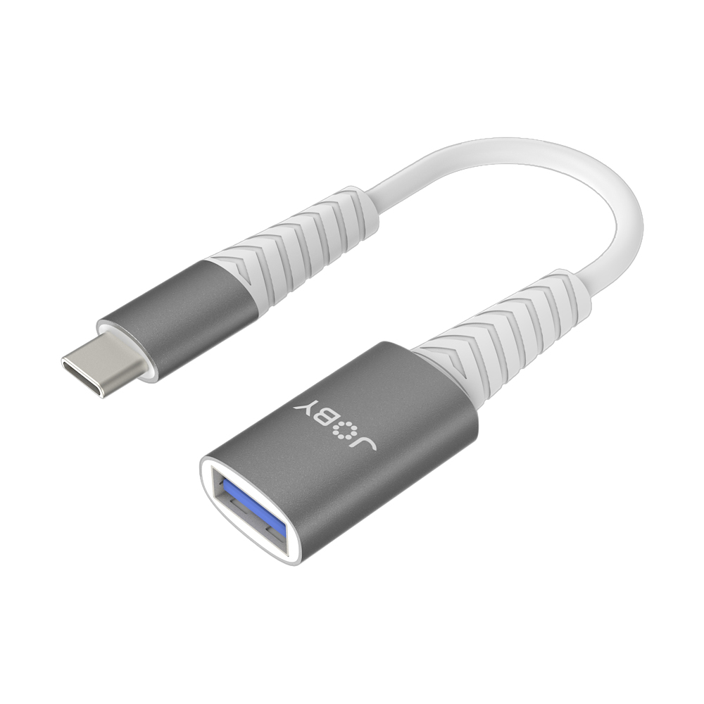 Grau-weißer Adapter. USB-C zu weißem Kabel, endet in USB-A-Anschluss.