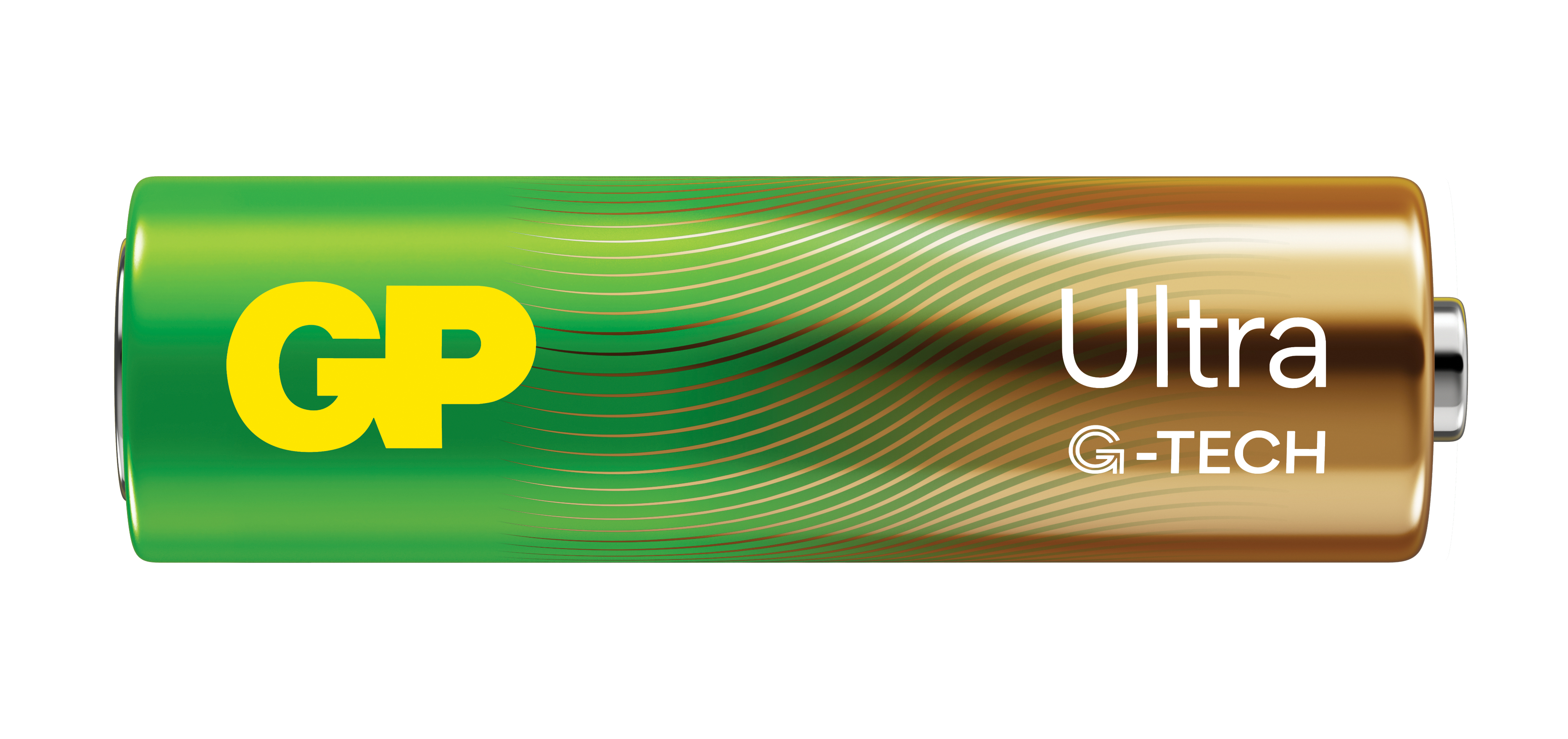 Bateria GP Ultra G-TECH, kolory zielony i złoty, białe tło.