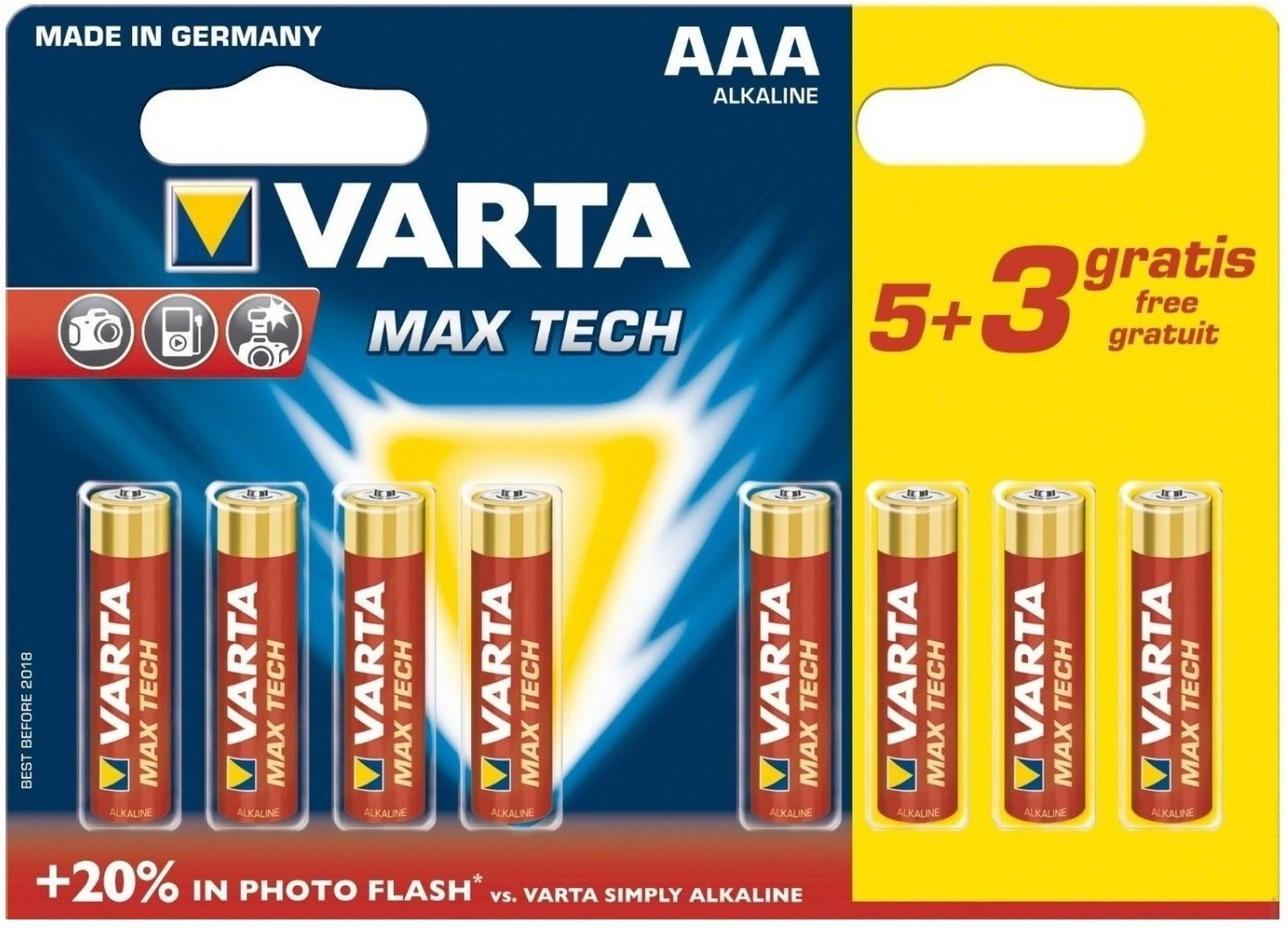 Baterie alkaliczne Varta Max Tech AAA w blistrze. Kolory żółty i niebieski.