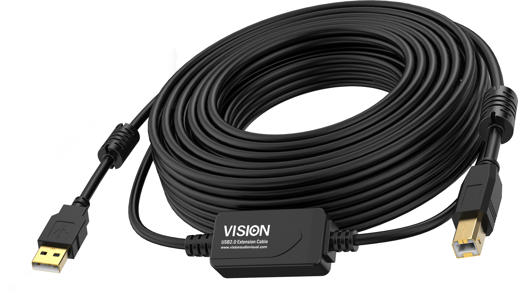 Zwarte USB 2.0 verlengkabel opgerold op wit oppervlak.