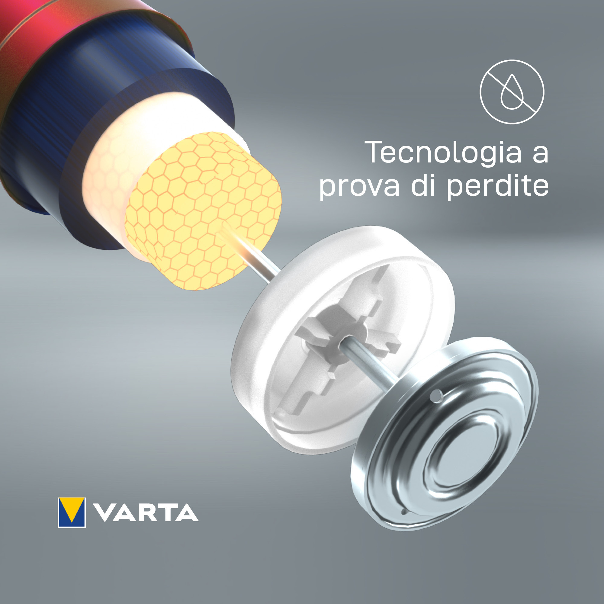 Vista explosionada de una batería Varta, mostrando componentes internos, sobre fondo gris.