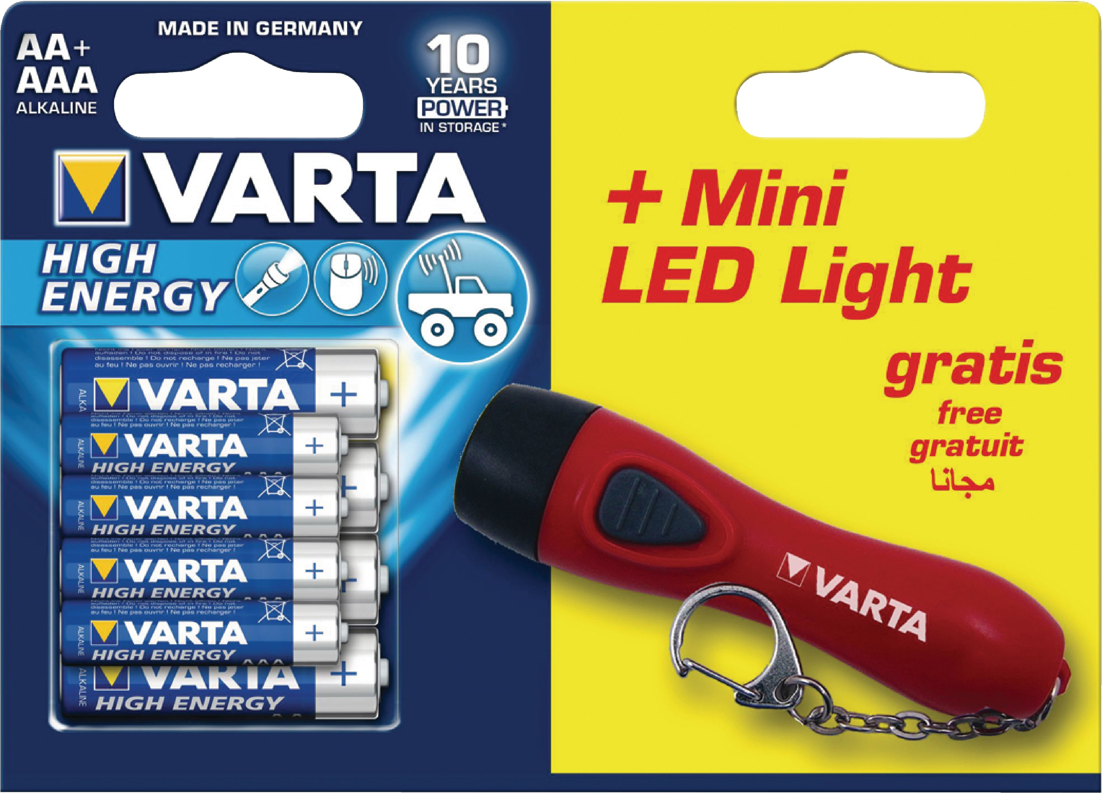 Zestaw baterii Varta High Energy. Zawiera baterie AA i AAA oraz małą czerwoną diodę LED.