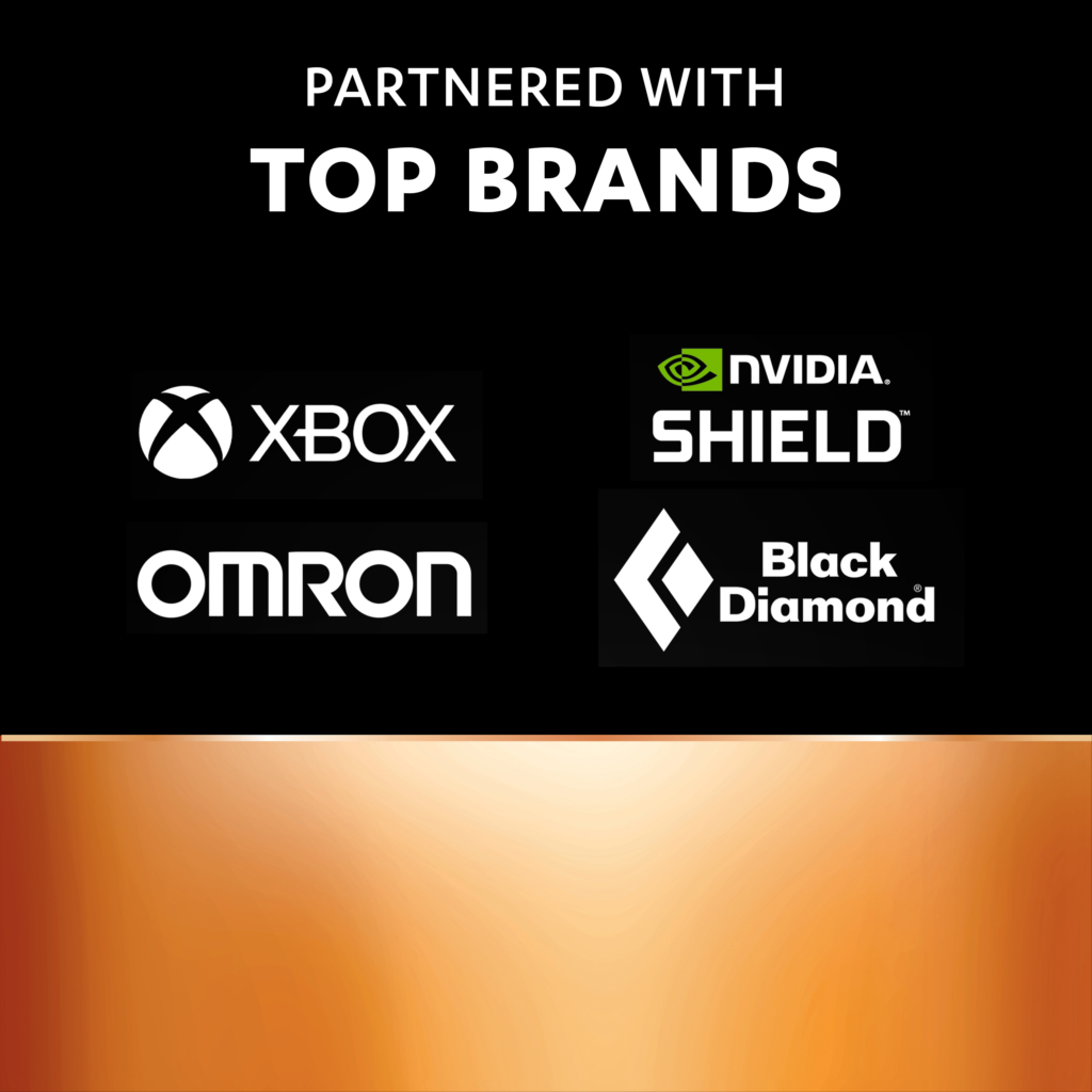 Loghi di Xbox, NVIDIA SHIELD, OMRON e Black Diamond su sfondo nero e arancione.