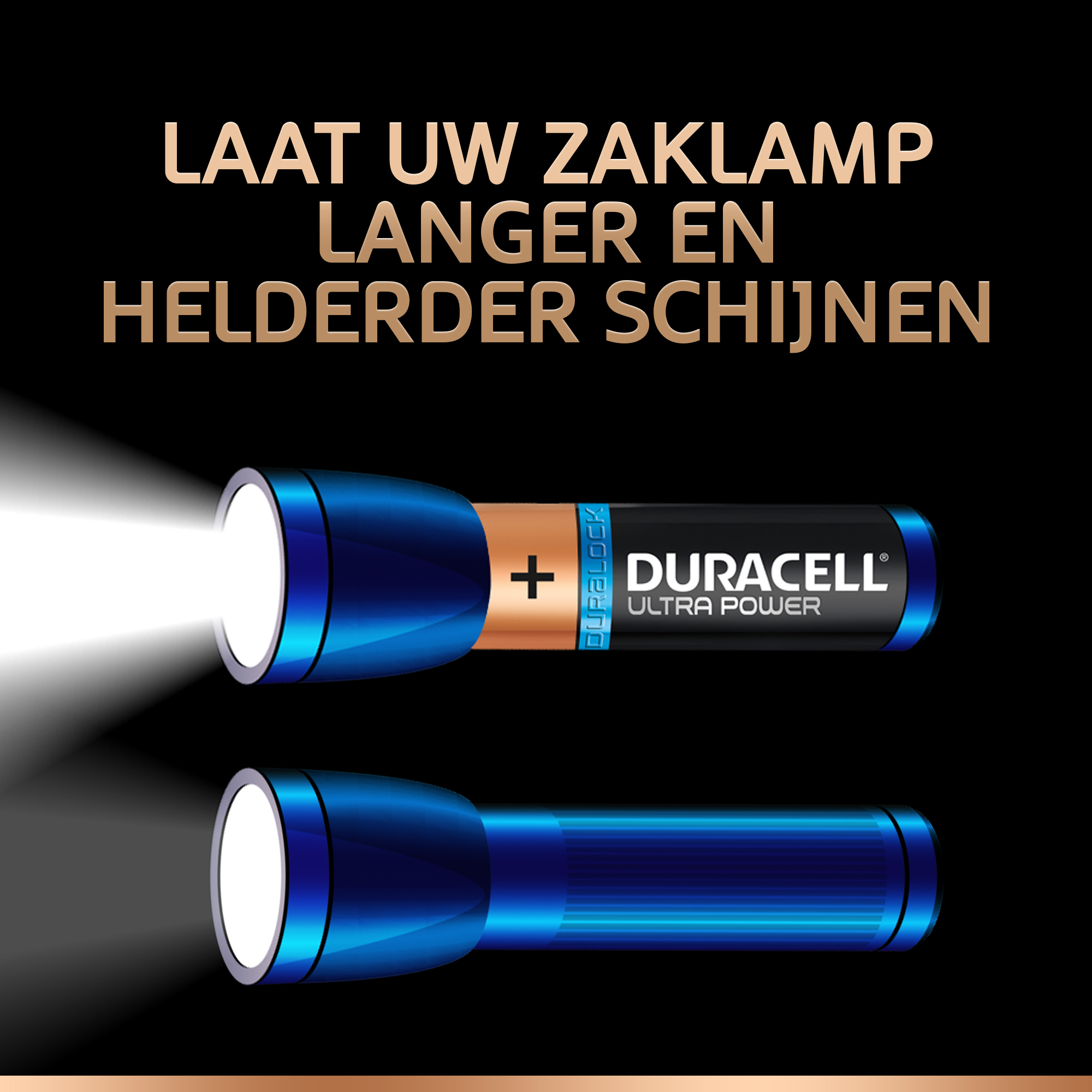Due torce blu, una accesa, con una batteria in mezzo. Il testo dice: 'Fai brillare la tua torcia più a lungo e più luminoso'.
