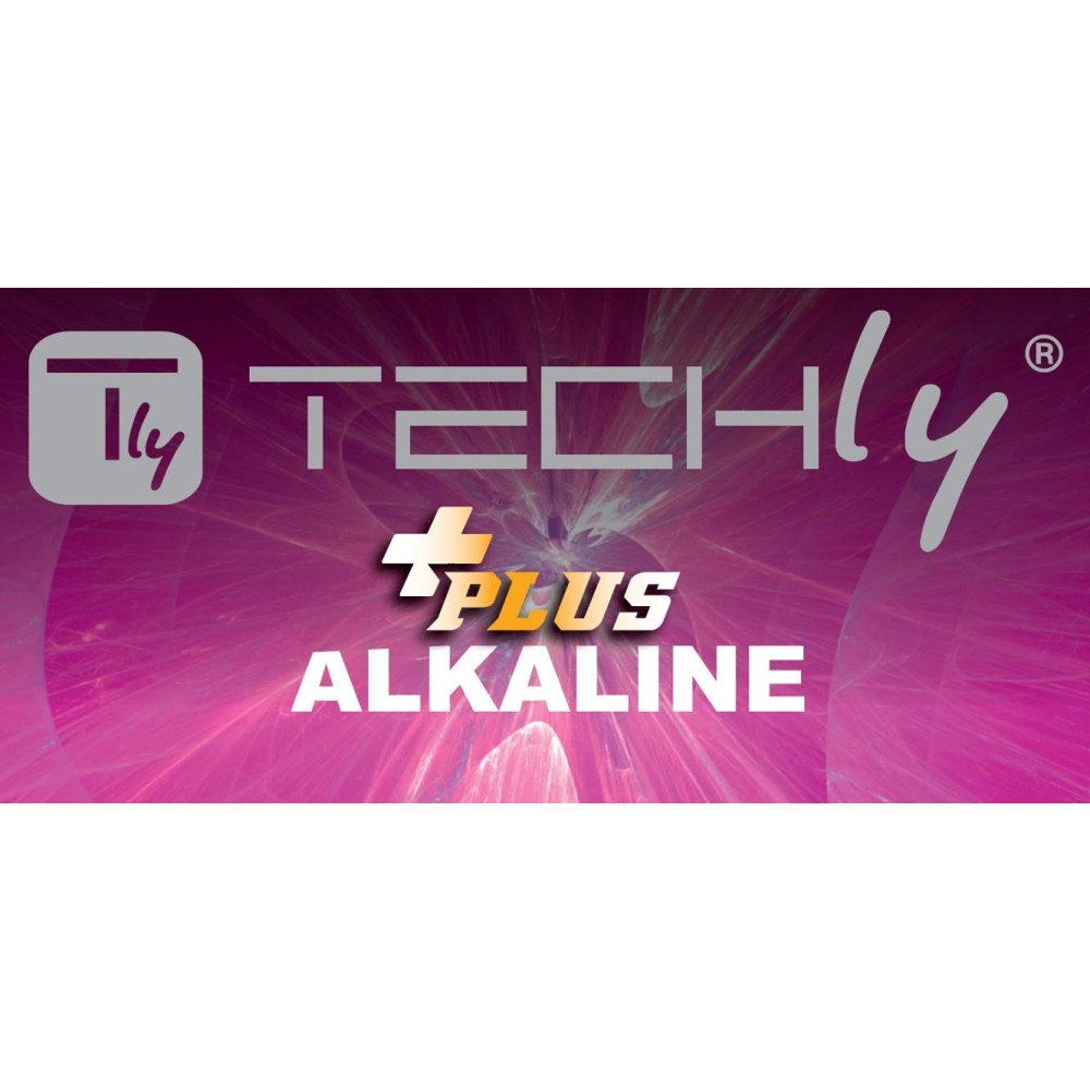 Logo batterie alcaline Techly Plus. Testo bianco su sfondo rosa e viola.