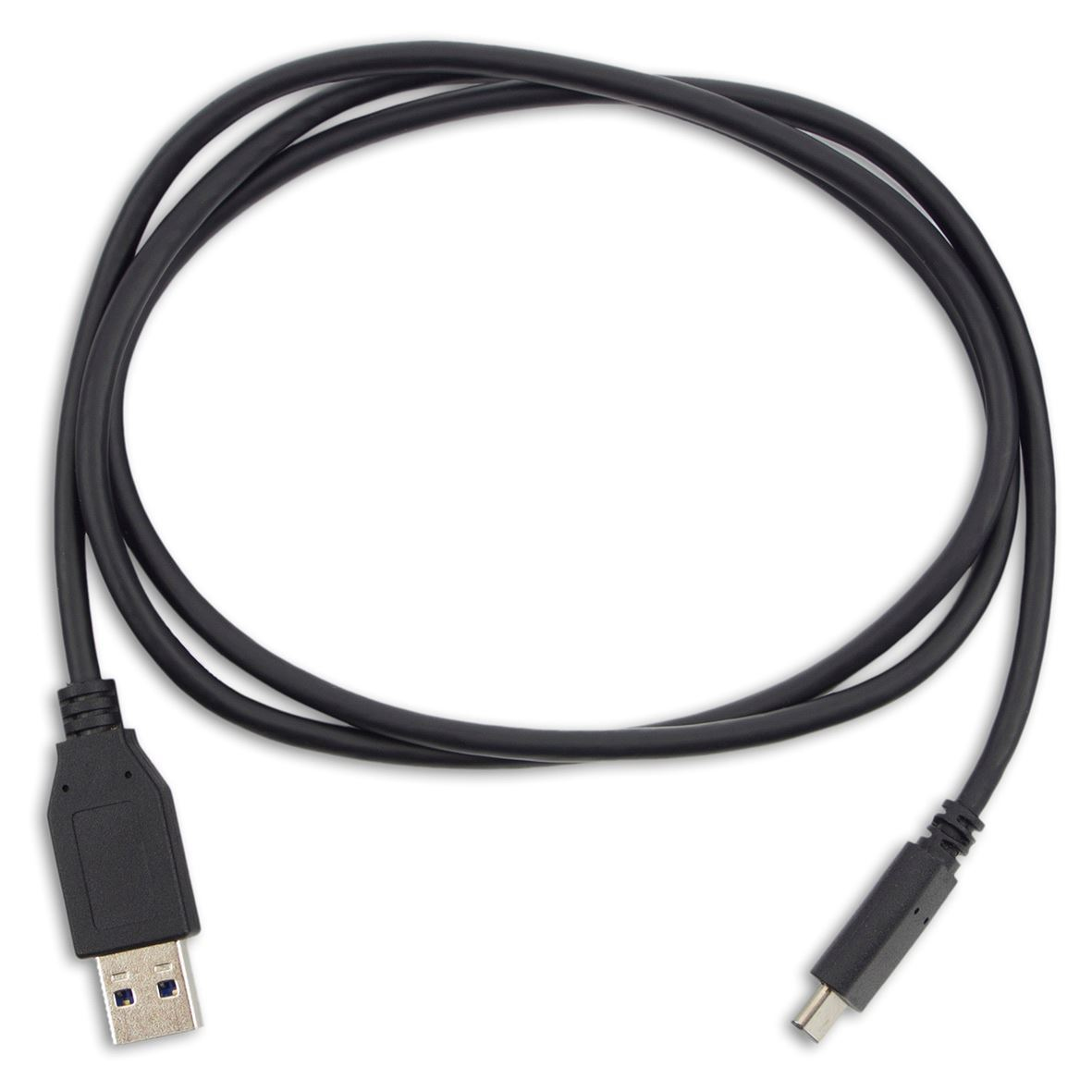 Cavo USB nero con connettore USB-A e USB-C, disposto ad anello.