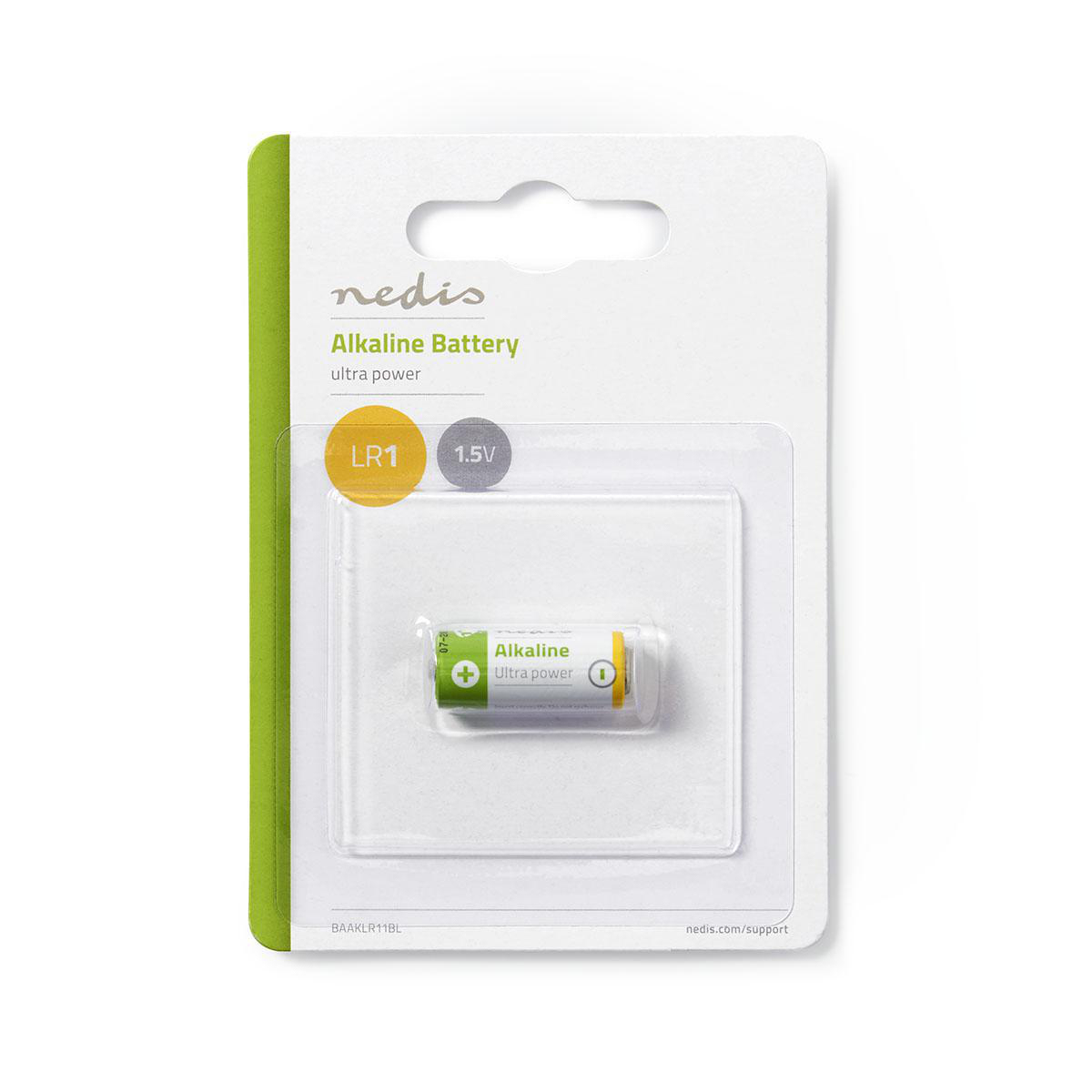 Piccola confezione di batterie rettangolare, contenente una piccola batteria, con dettagli verdi e bianchi.