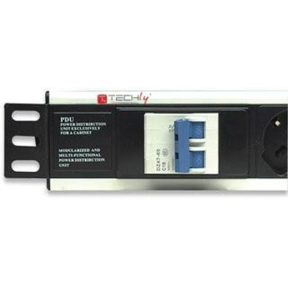 Unità di distribuzione di alimentazione nera e argento con interruttore automatico blu e logo Techly.