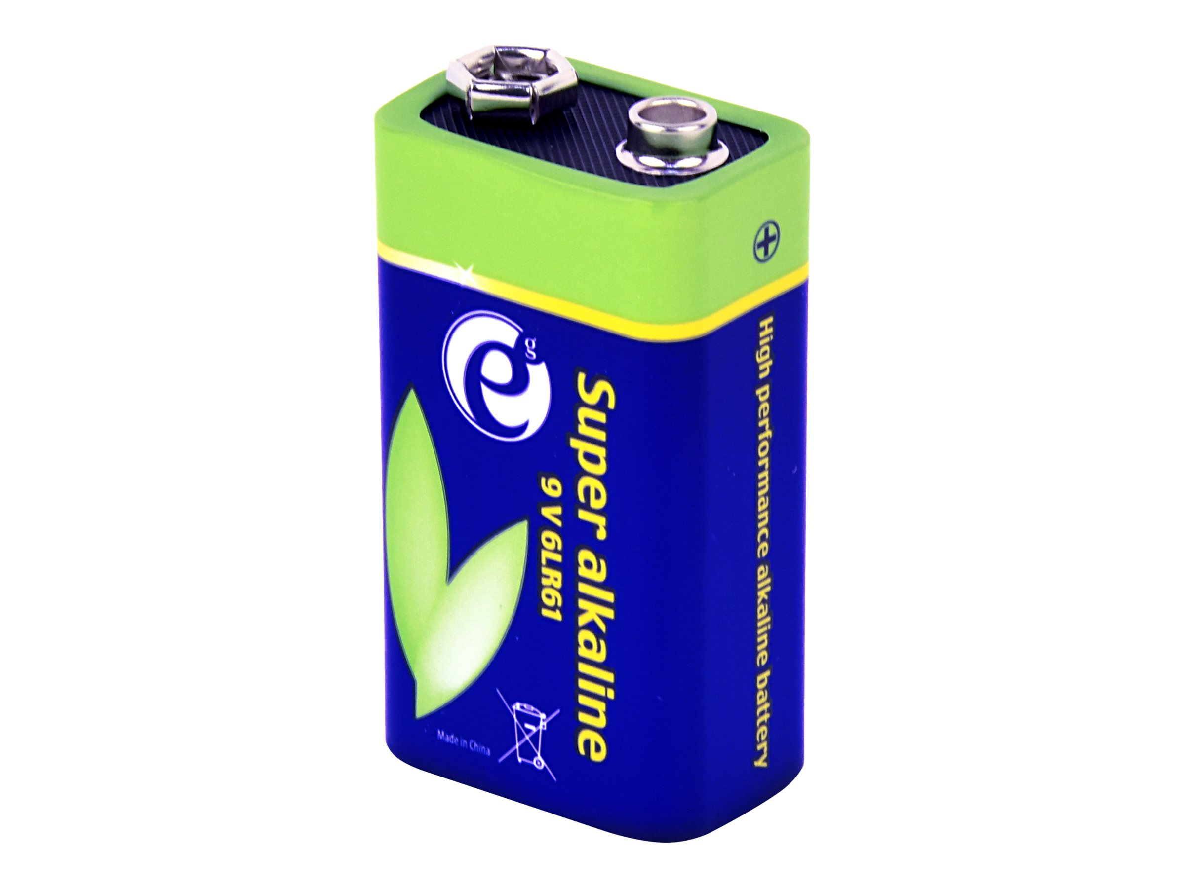Una batteria alcalina da 9V, blu con la parte superiore verde, etichettata 'Super Alkaline'.
