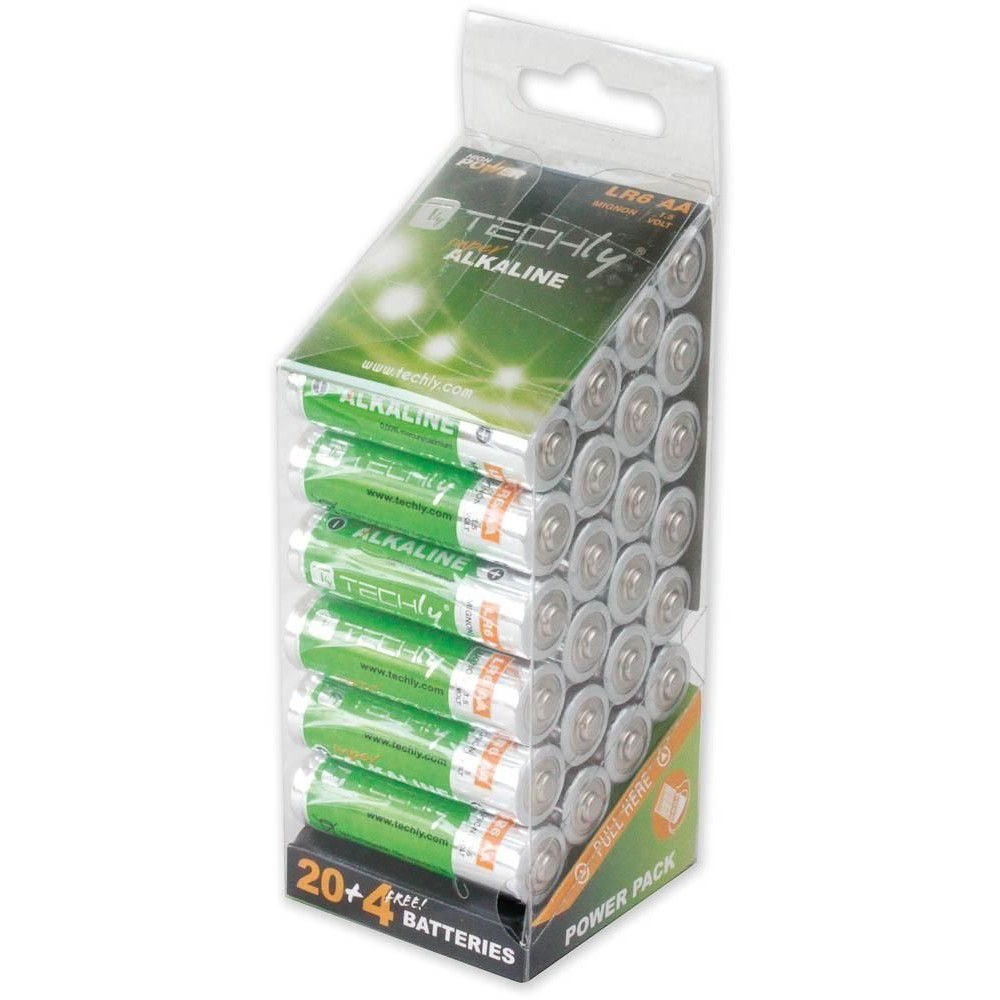 Un pacco di plastica trasparente di batterie alcaline Techly in un espositore.