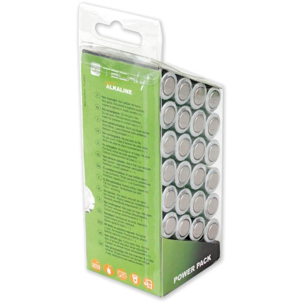 Confezione di batterie alcaline AA in confezione di plastica trasparente, su superficie bianca.