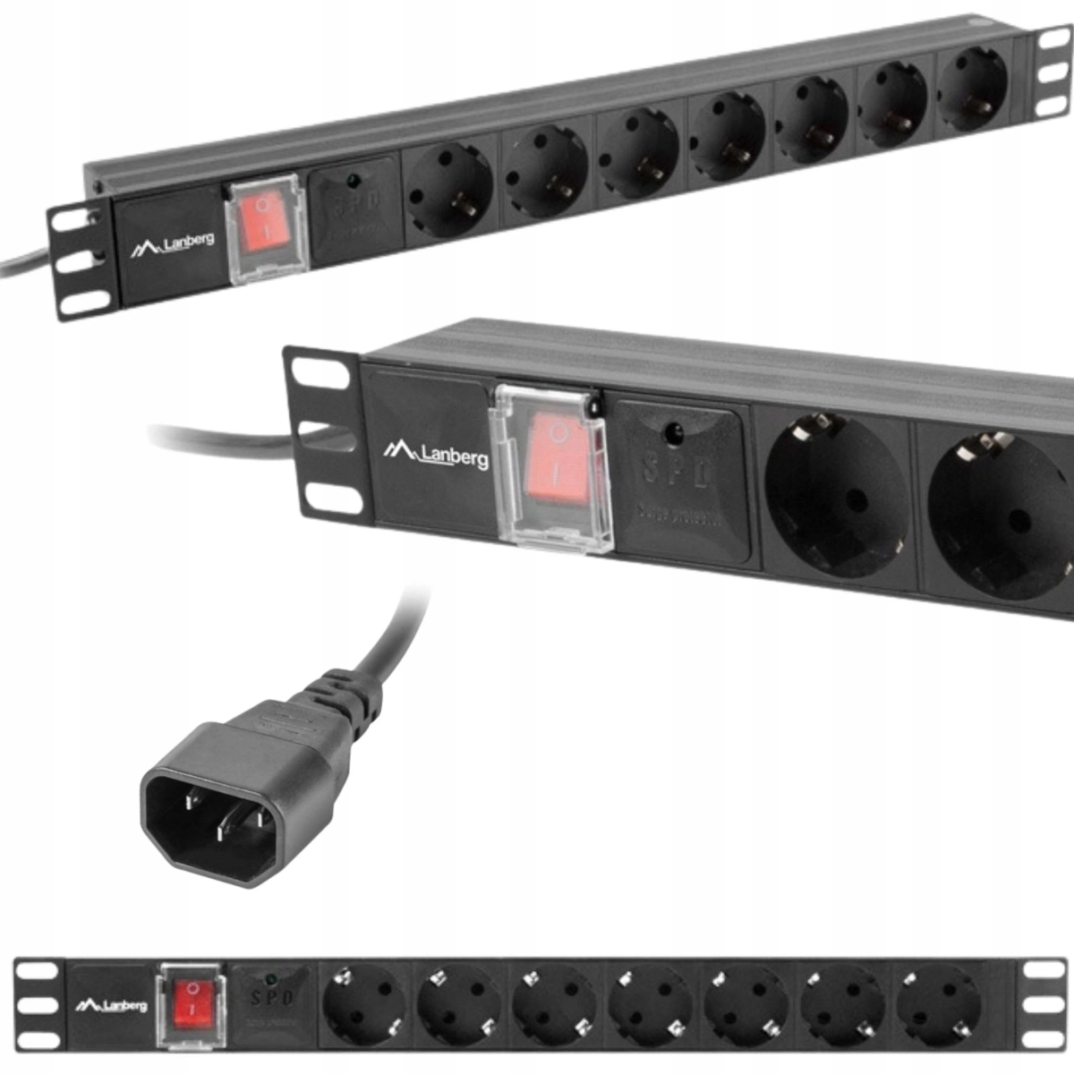 Czarna listwa zasilająca z wieloma gniazdami, przełącznikiem i przewodem zasilającym. Tło jest białe.