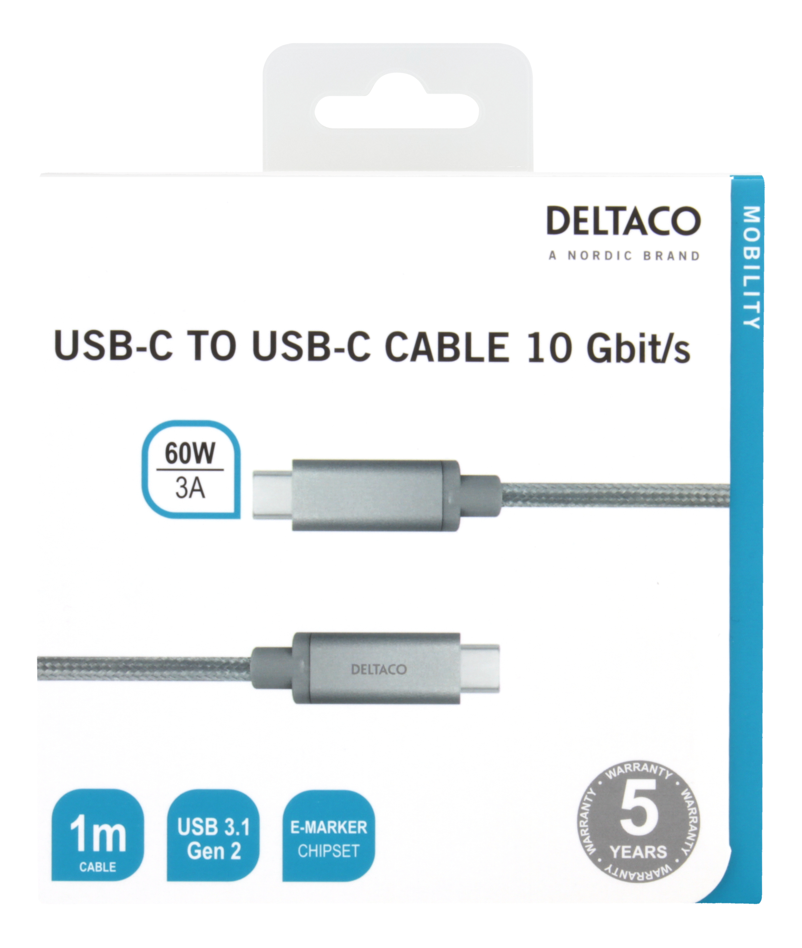 USB-C-zu-USB-C-Kabelbox. Es zeigt ein graues Kabel mit weißem Hintergrund.