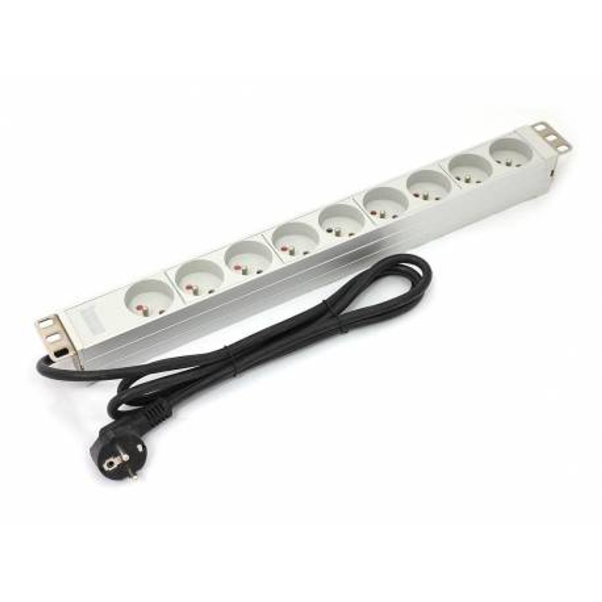 Srebrna listwa zasilająca z gniazdami, czarnym kablem i wtyczką.