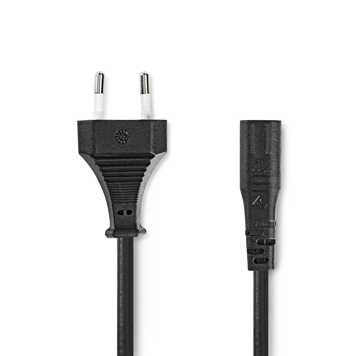 Black power cable and plug, separated on white background.