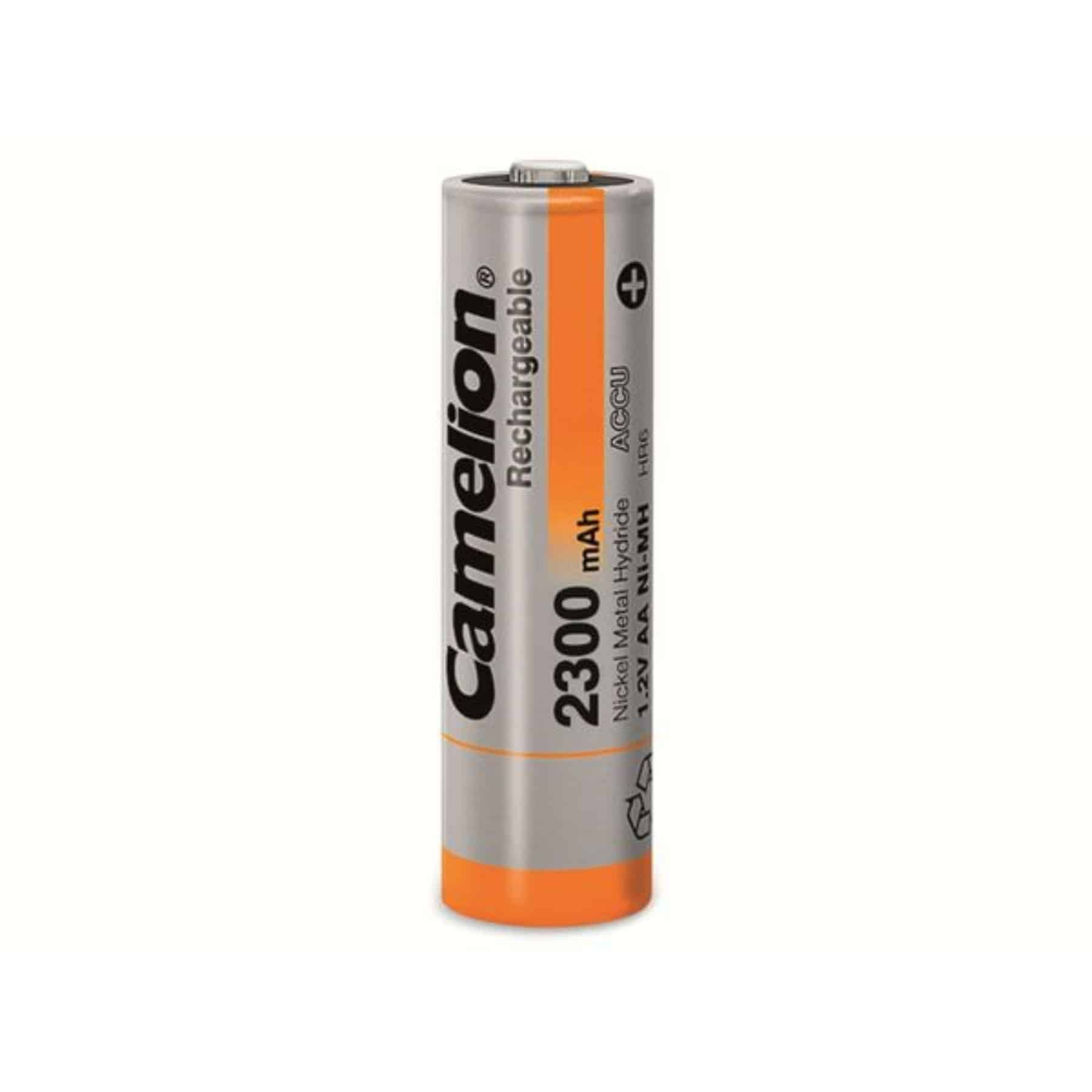 Viene mostrata una singola batteria ricaricabile Camelion cilindrica, color argento e arancione, con testo.
