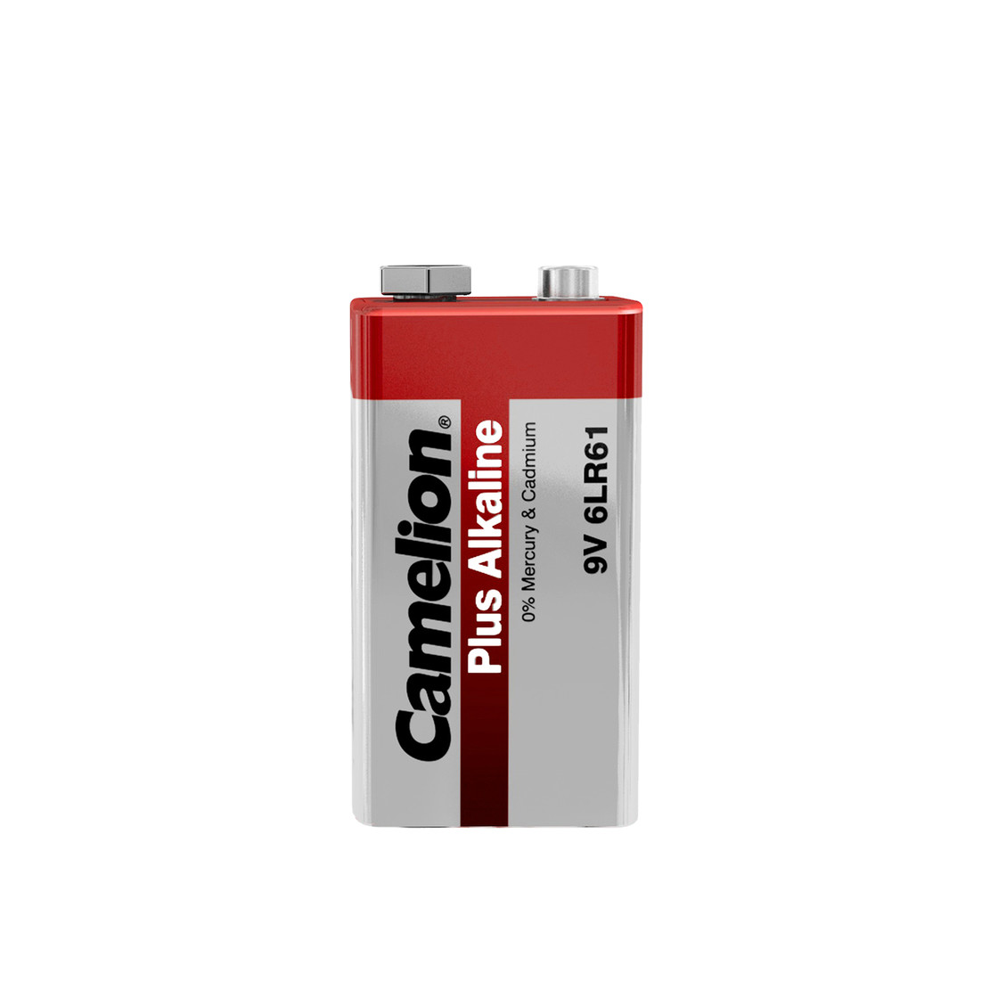 Bateria 9V Camelion, szara z czerwonym wierzchem, etykieta głosi Plus Alkaline, 0% rtęci i kadmu, 9V 6LR61.