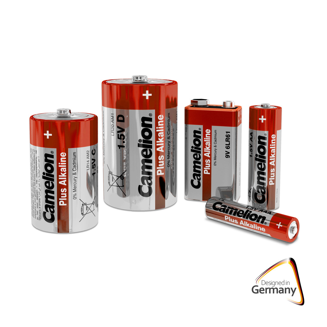 Grupa baterii Camelion. Różne rozmiary i kształty. Czerwony i srebrny. Widoczne etykiety produktów.