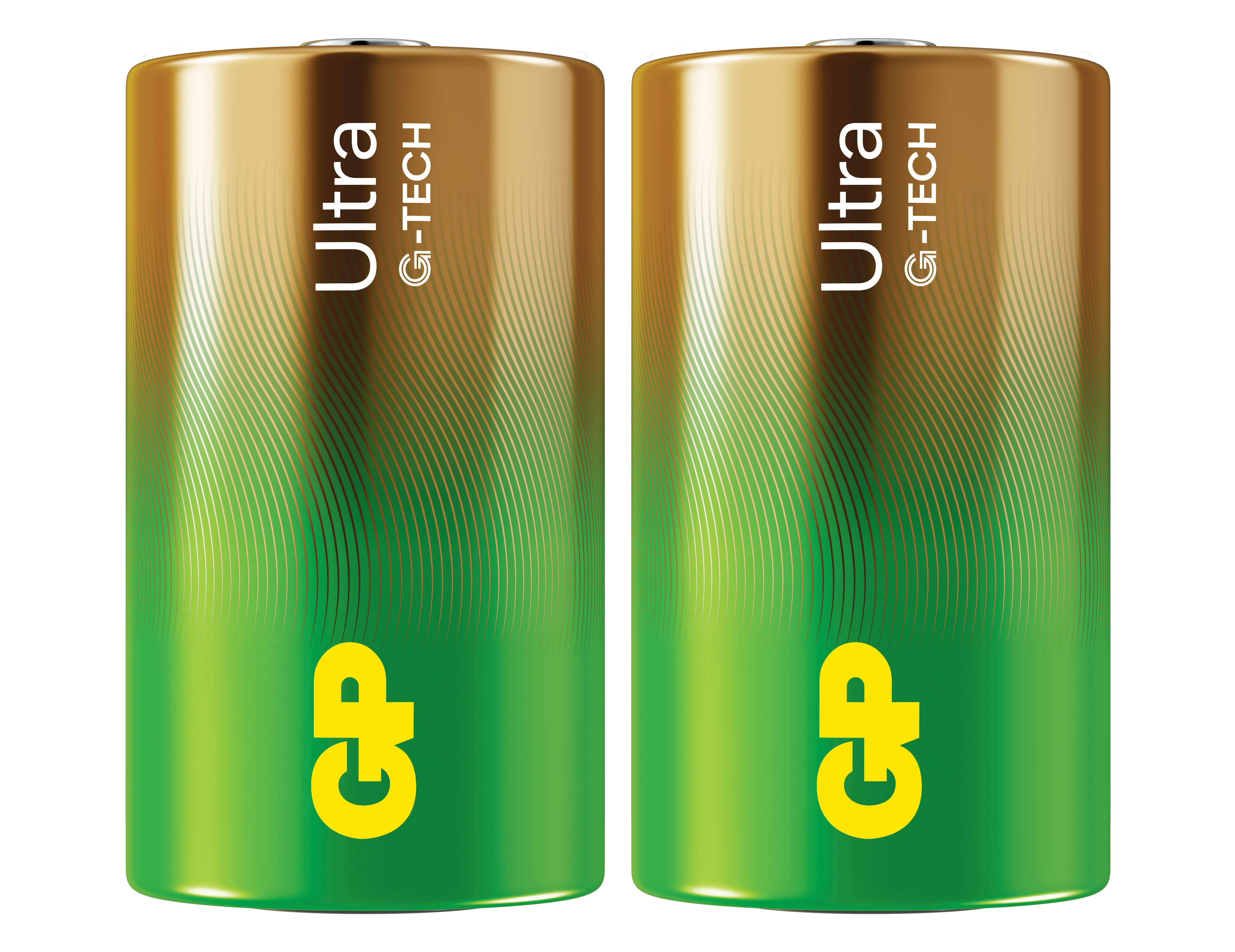 Due batterie GP Ultra G-TECH verdi e oro. Hanno il nome del marchio e i dettagli del prodotto.
