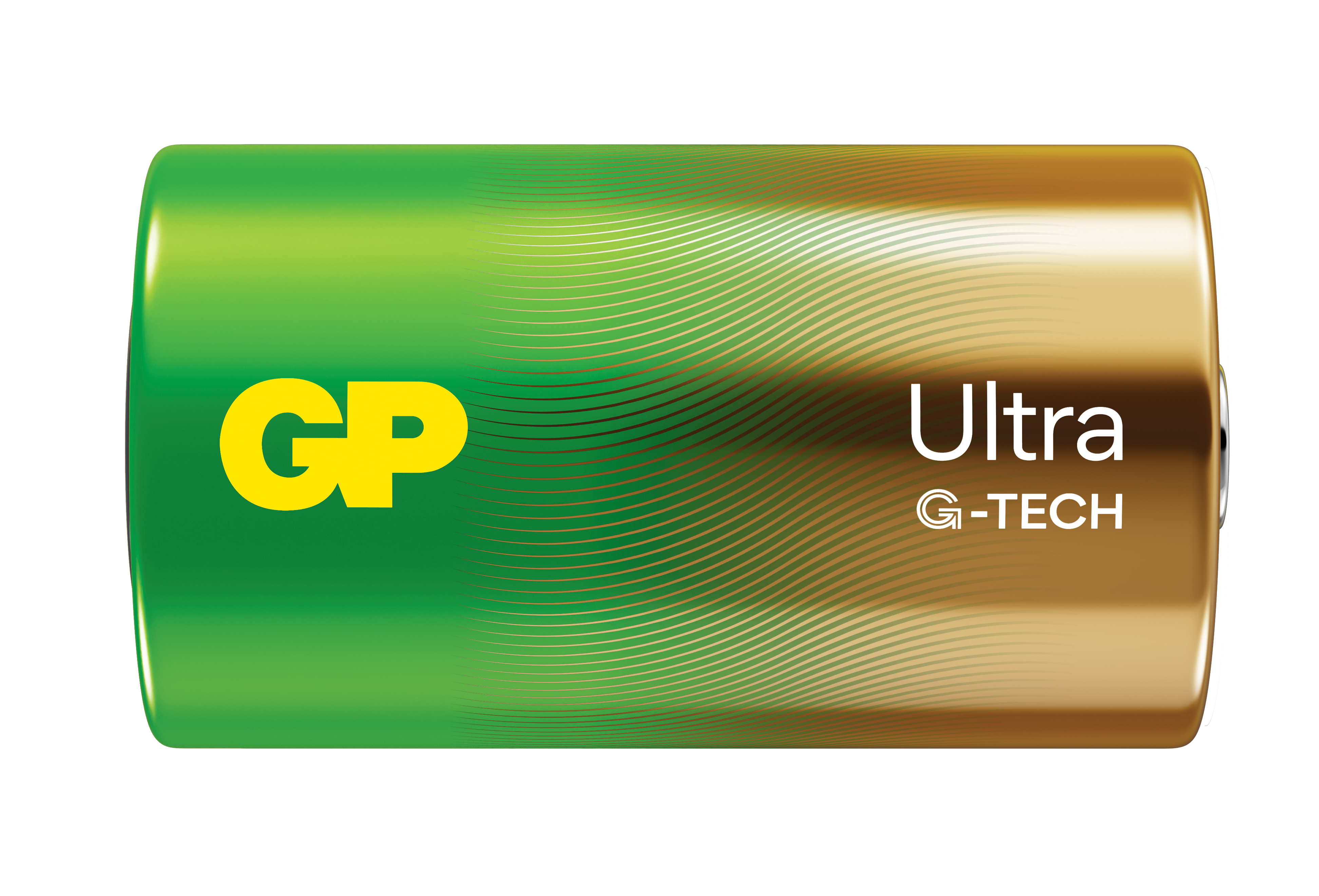 Una batteria GP Ultra G-TECH verde e oro. La batteria ha il nome del marchio e i dettagli del prodotto.