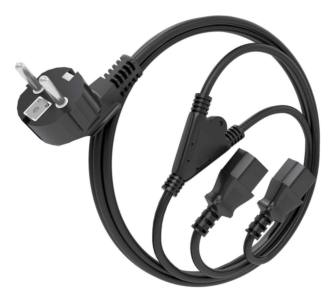 Cable de alimentación negro con enchufe y dos tomas de tres clavijas, conectado por un divisor en Y.