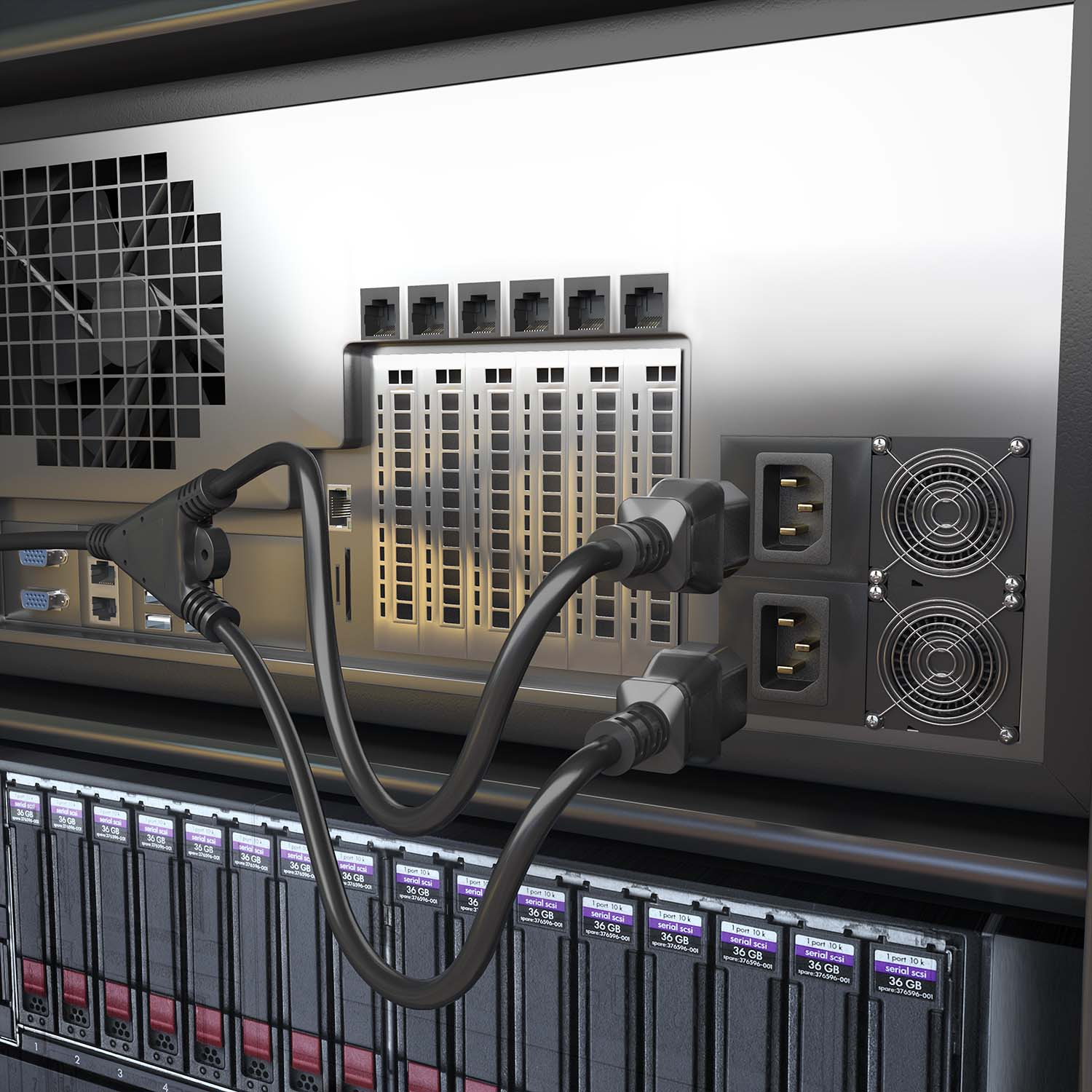 Rack server per computer con cavi, porte e ventole. Colori nero, metallico e grigio.