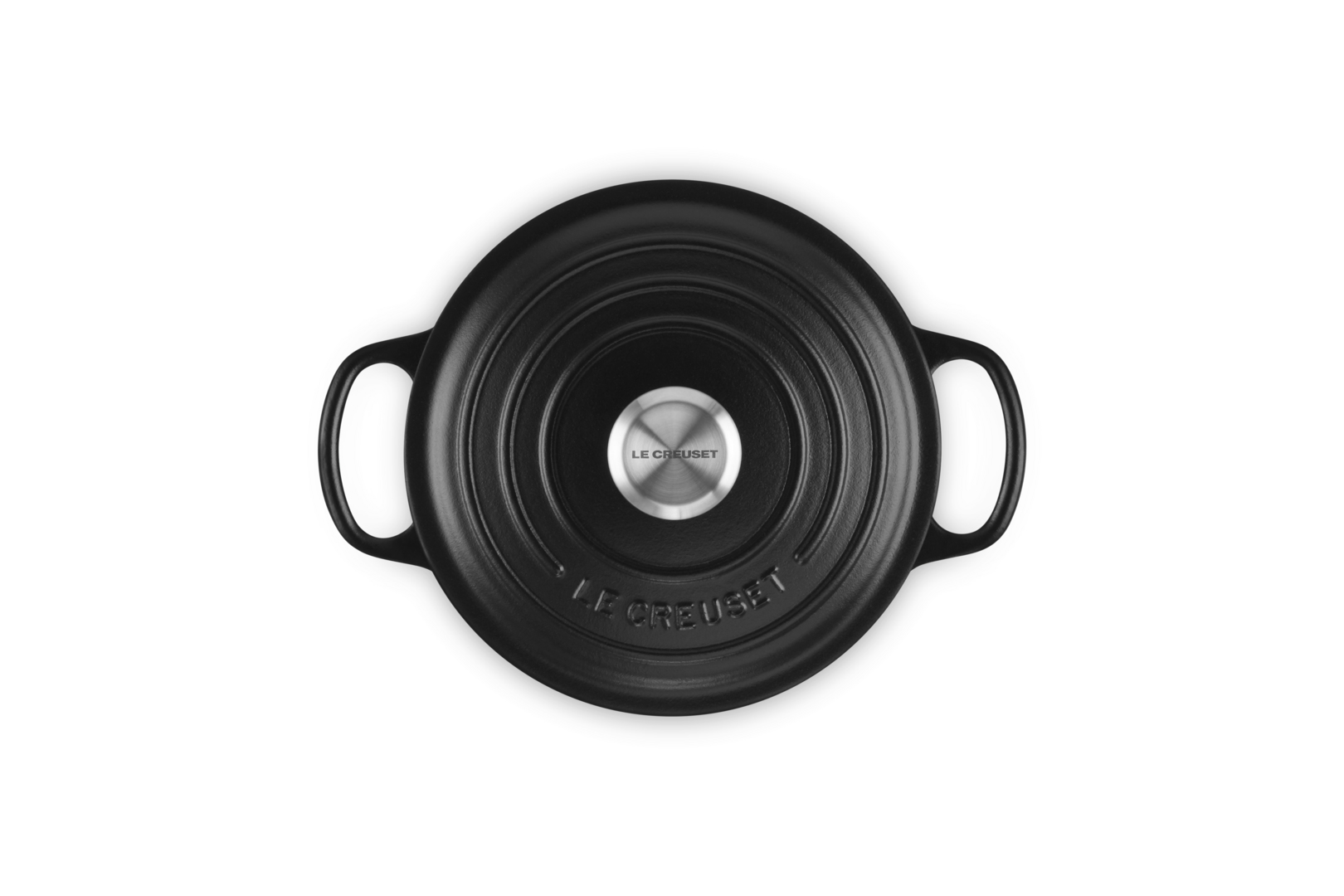 Black Le Creuset pot, top view, white background. Handles and lid knob visible.