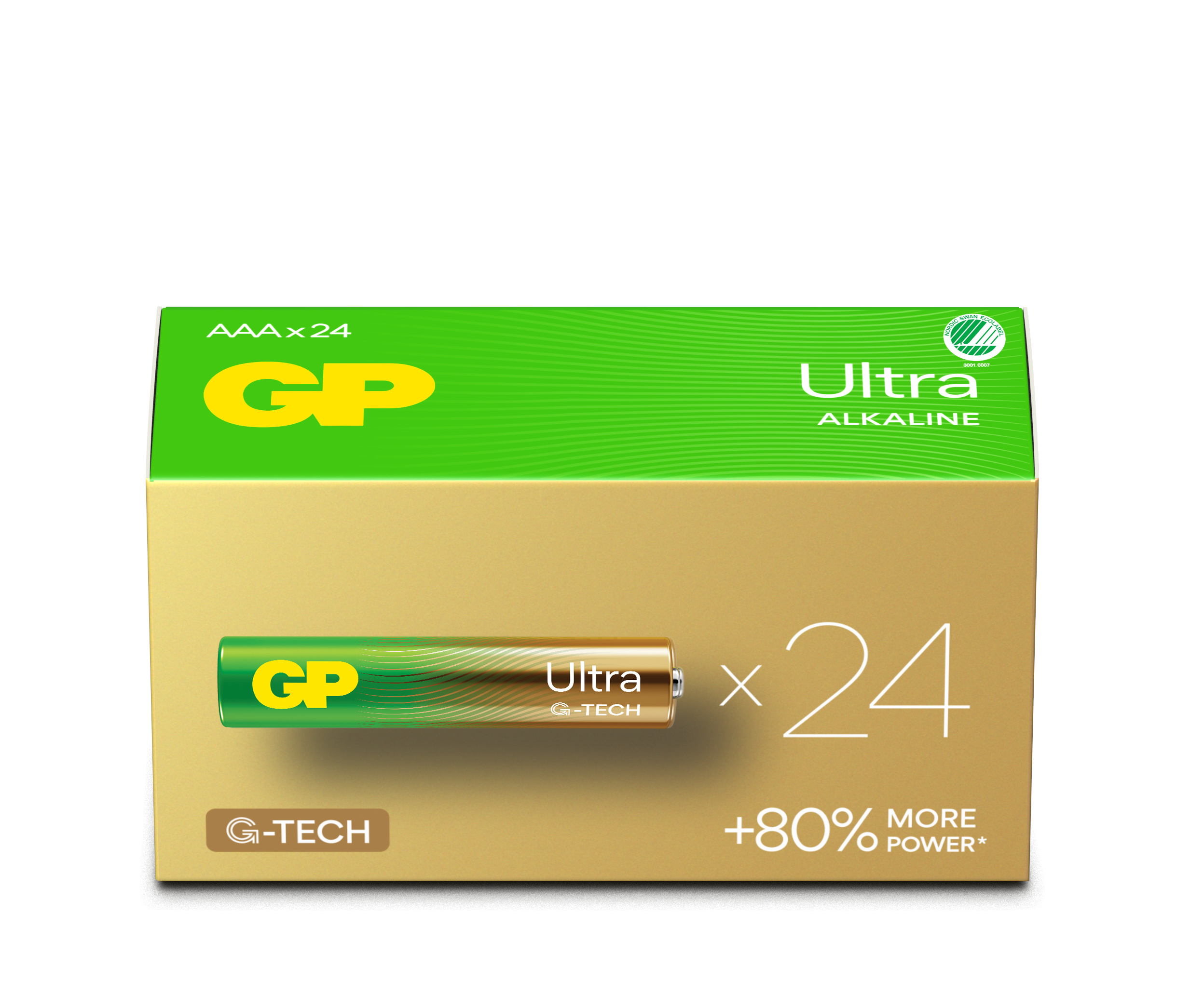 Una scatola oro e verde di batterie AAA GP Ultra Alkaline, con 24 batterie.