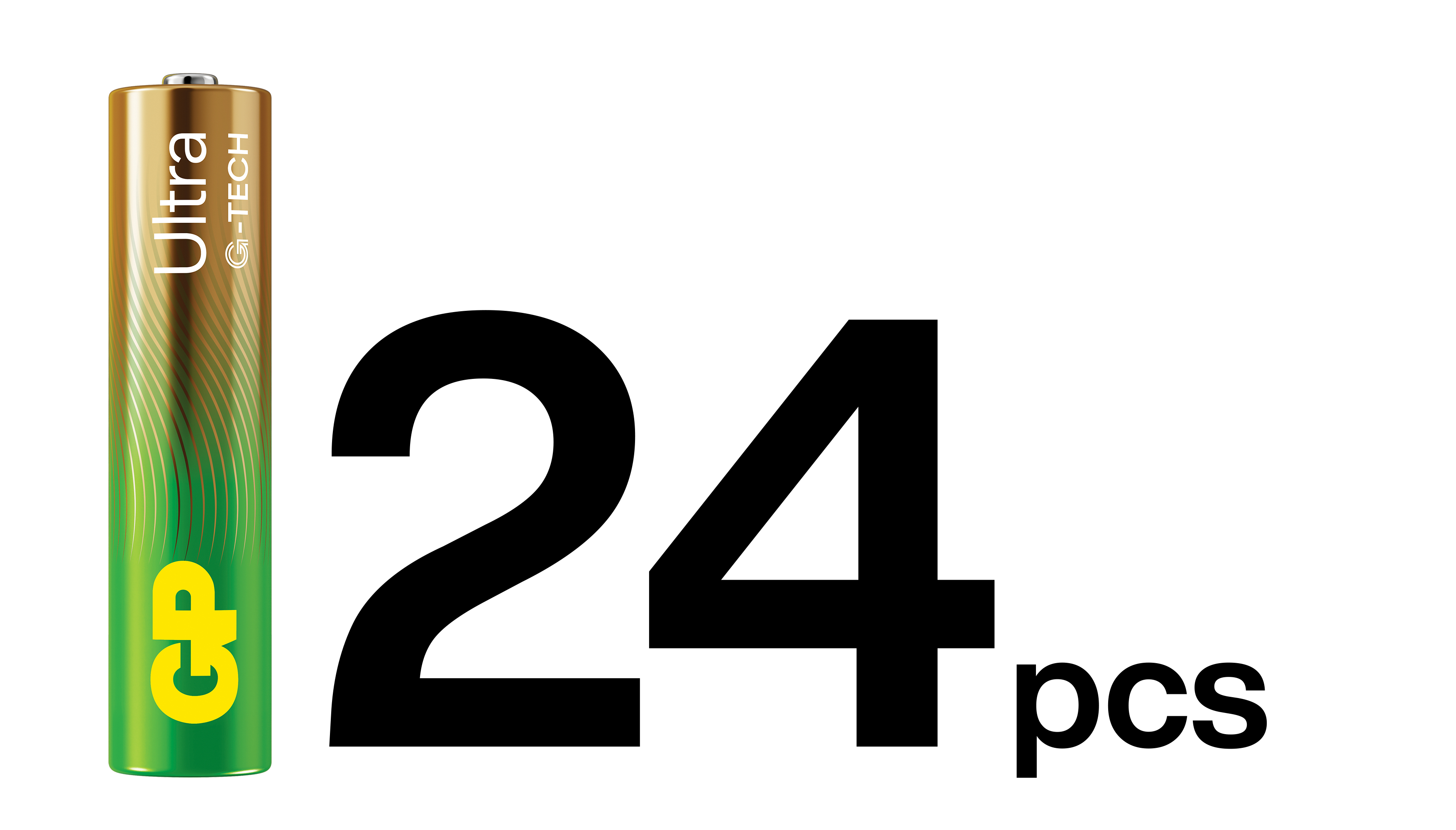 Una singola batteria e la scritta "24 pezzi" su sfondo bianco.
