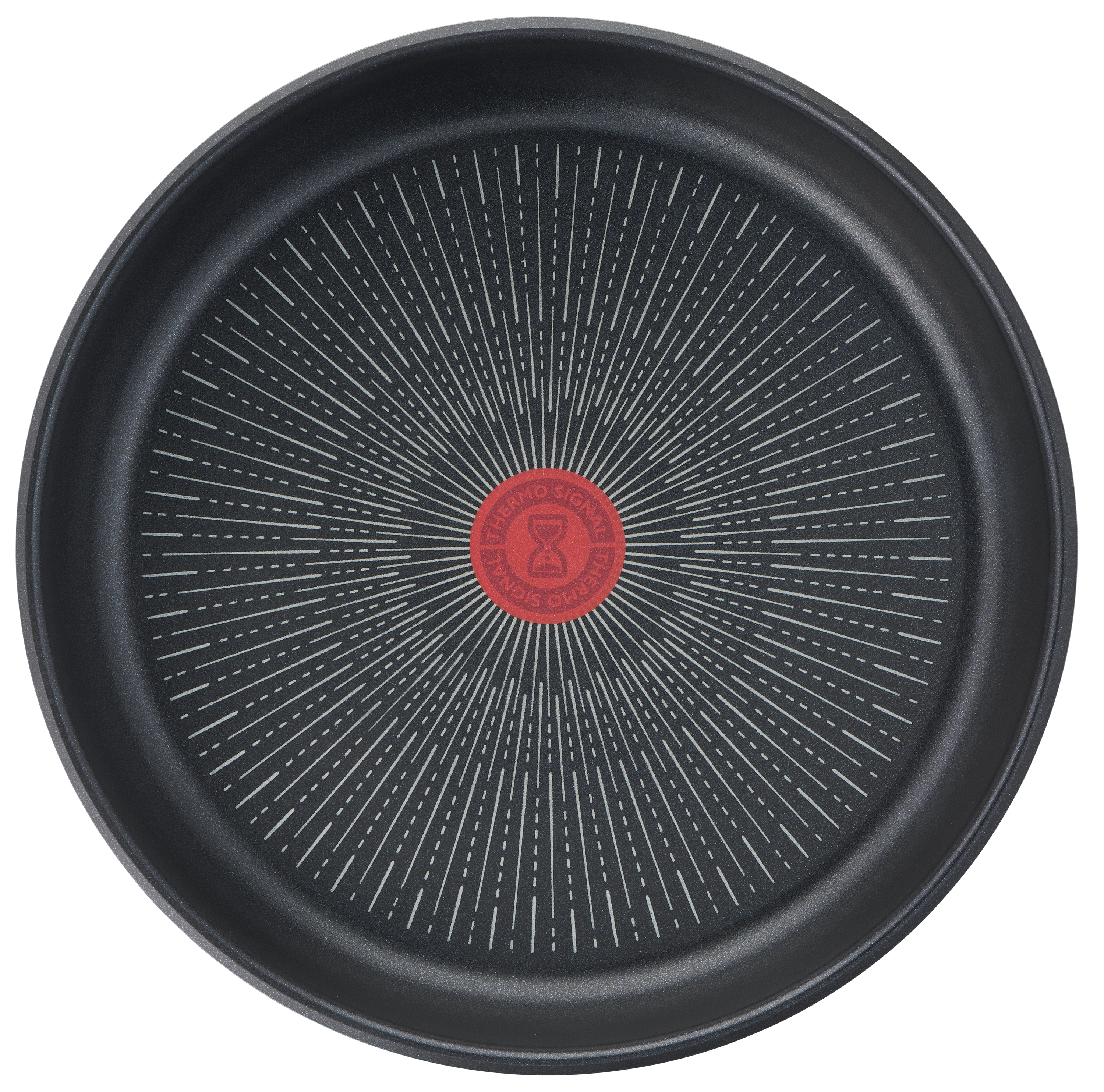 Czarna patelnia z wzorzystym wnętrzem, ujęcie z góry.