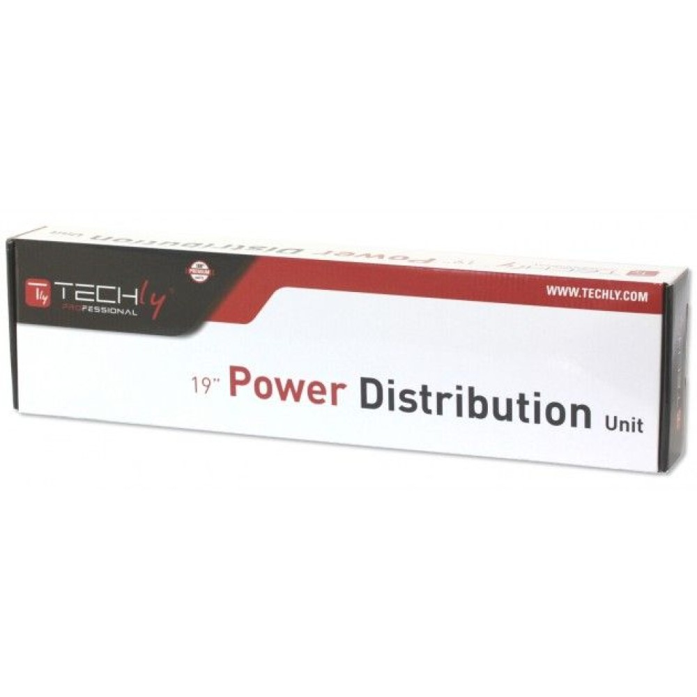 Pudełko jednostki dystrybucji zasilania TECHly 19", białe z czarnym i czerwonym tekstem, na białym tle.