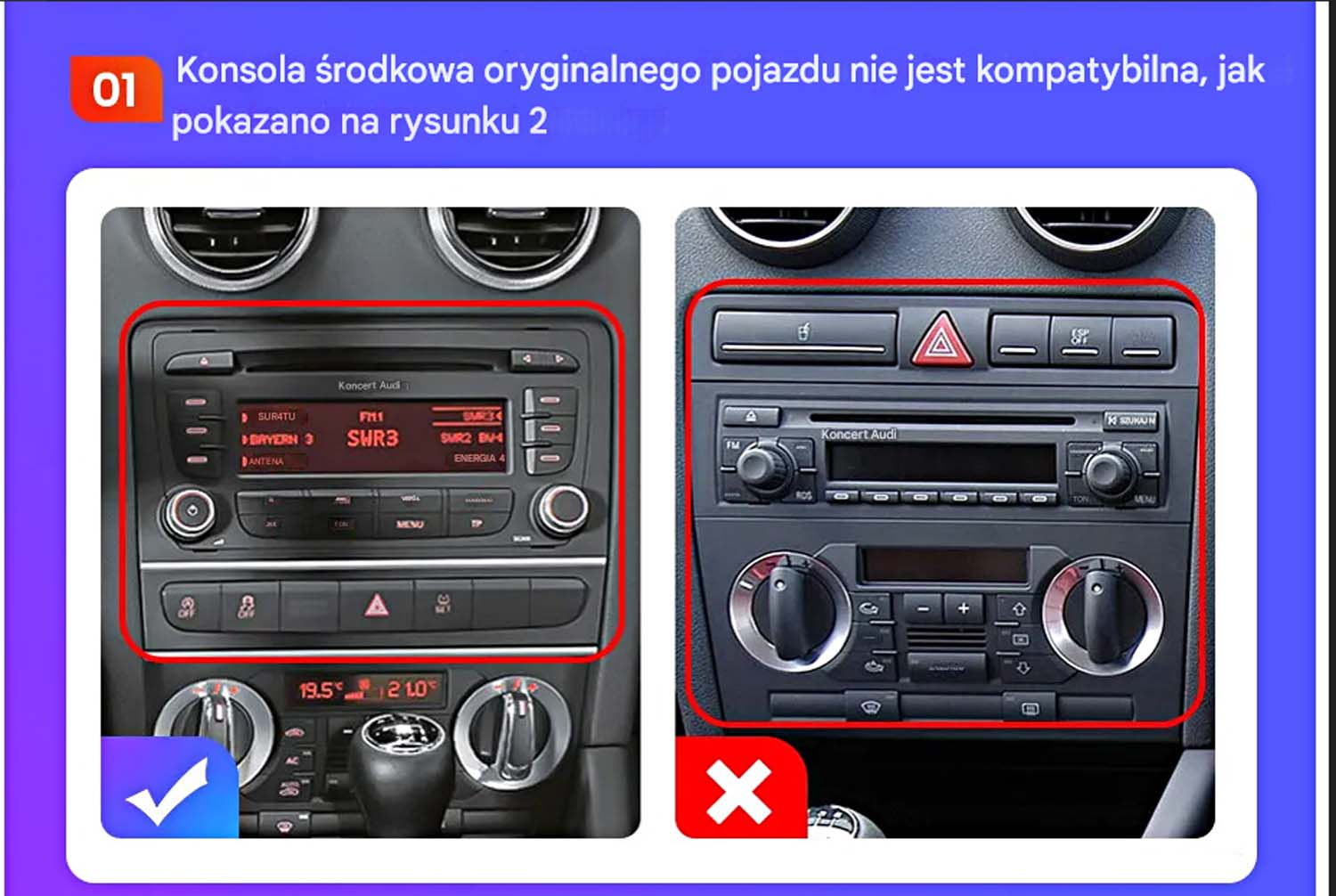 Schemat z opcjami radia samochodowego, tekst po polsku. Dwa wyświetlacze radia z czerwonymi obramowaniami, znak ✓ i ×.