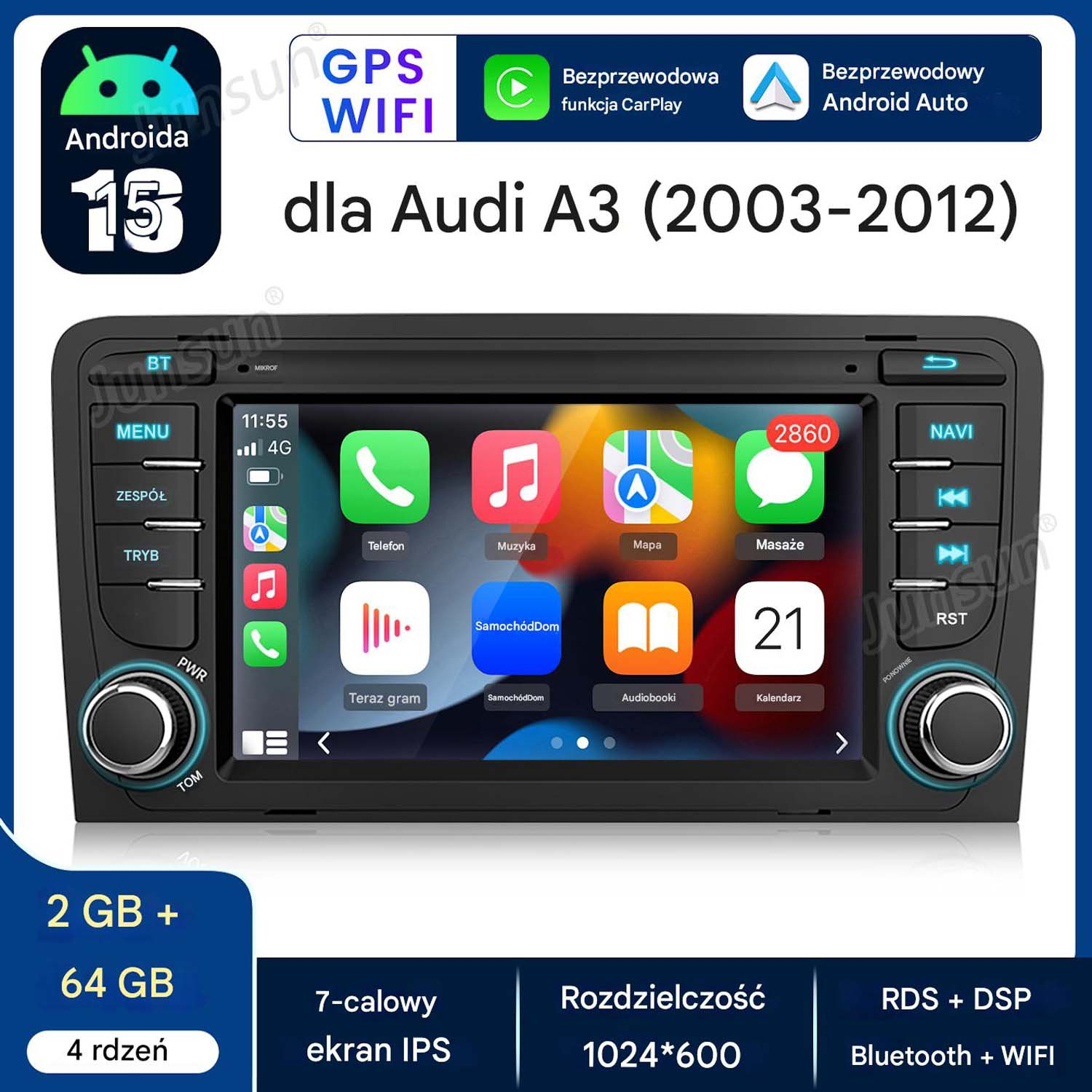 System multimedialny do Audi A3, z ekranem dotykowym i ikonami. Białe tło.