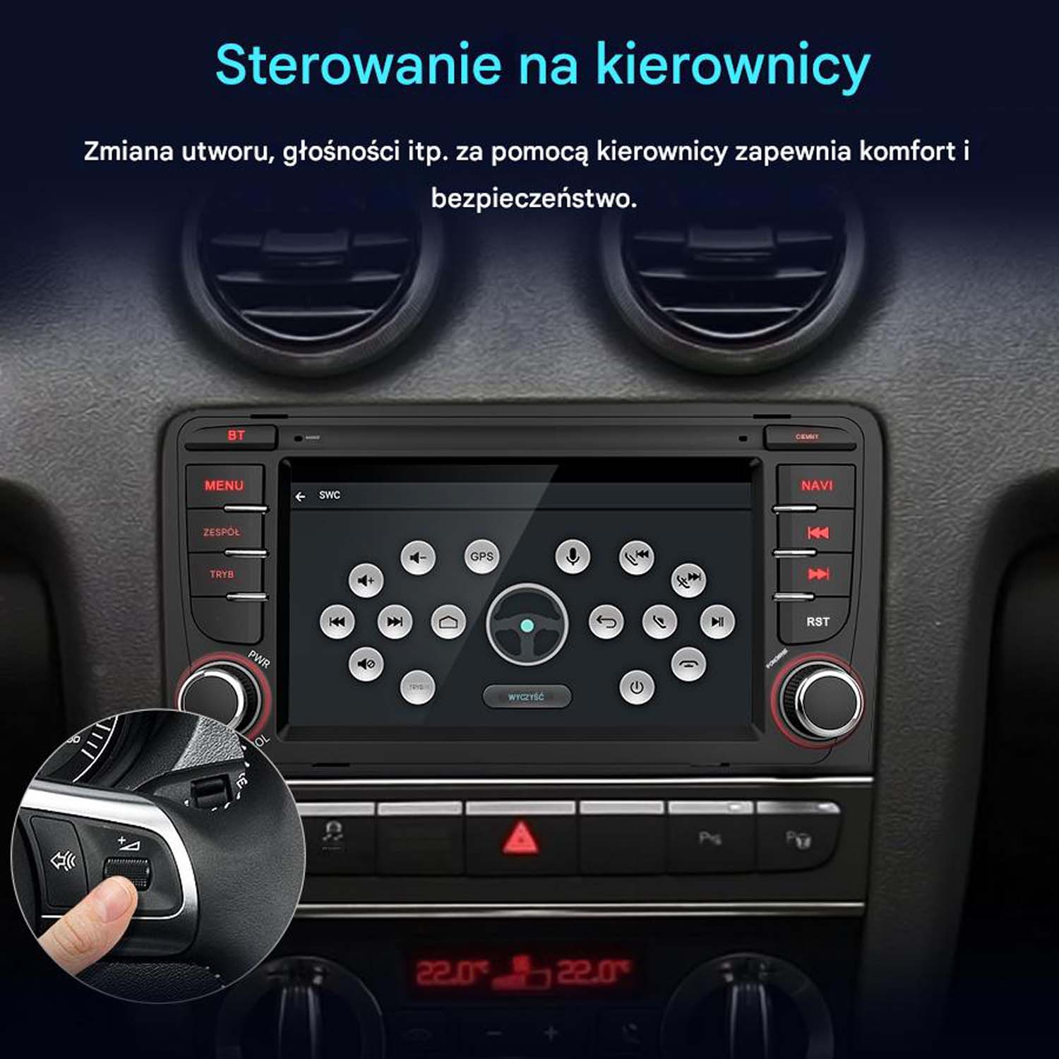Radio samochodowe z ekranem dotykowym. Białe tło.