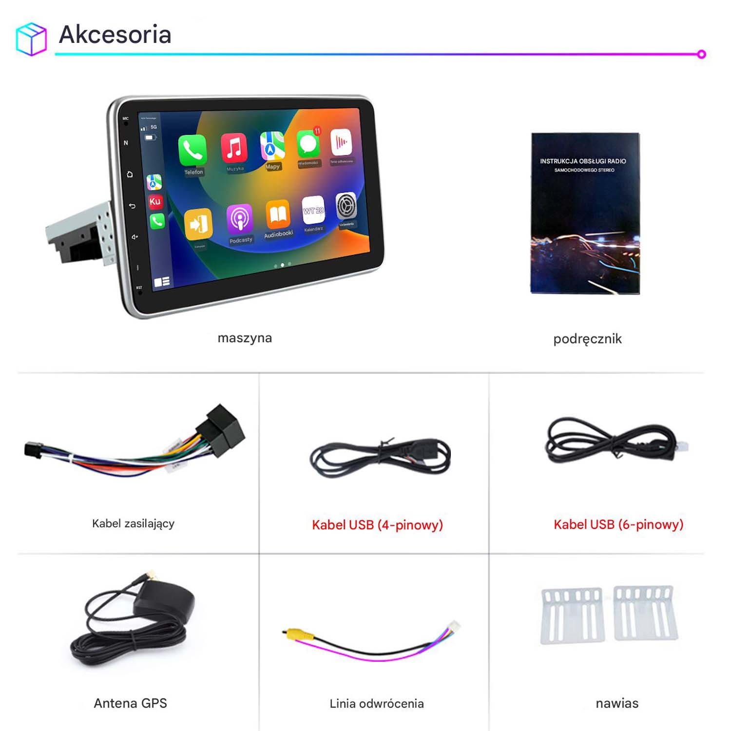 System multimedialny do samochodu z akcesoriami, w tym okablowaniem, instrukcją i osprzętem montażowym.