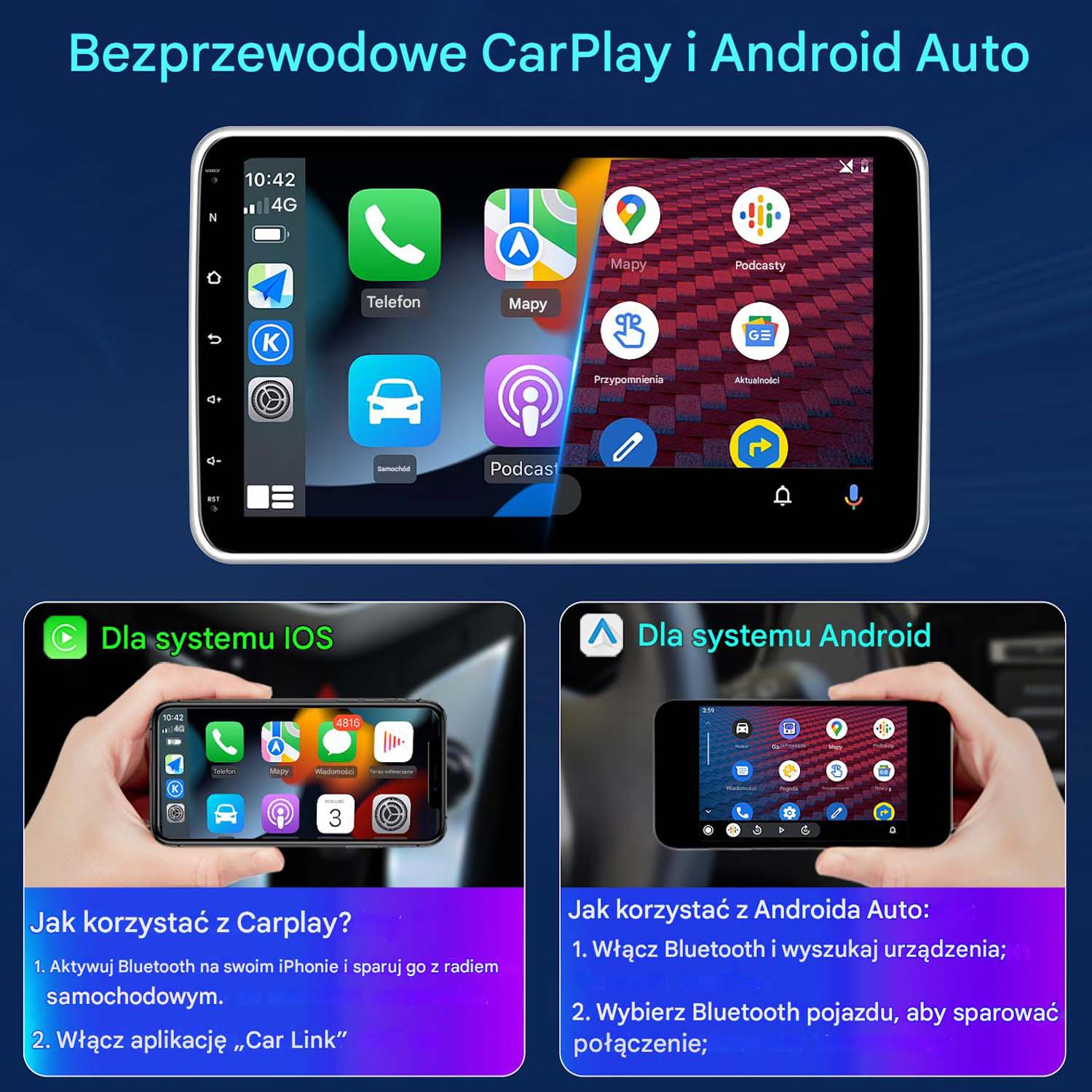 Ekran radia samochodowego z ikonami aplikacji i instrukcjami dotyczącymi łączenia z systemami iOS i Android.
