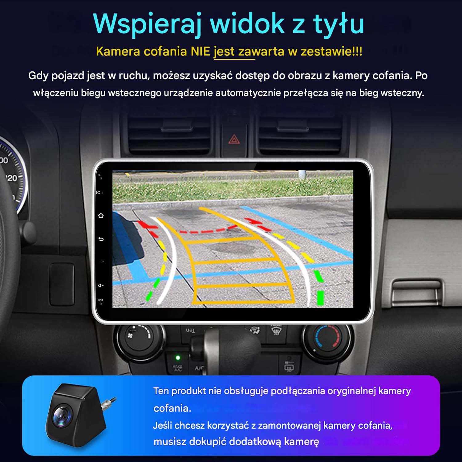 Ekran samochodowego systemu multimedialnego wyświetlający obraz z kamery cofania, z tłem wnętrza.