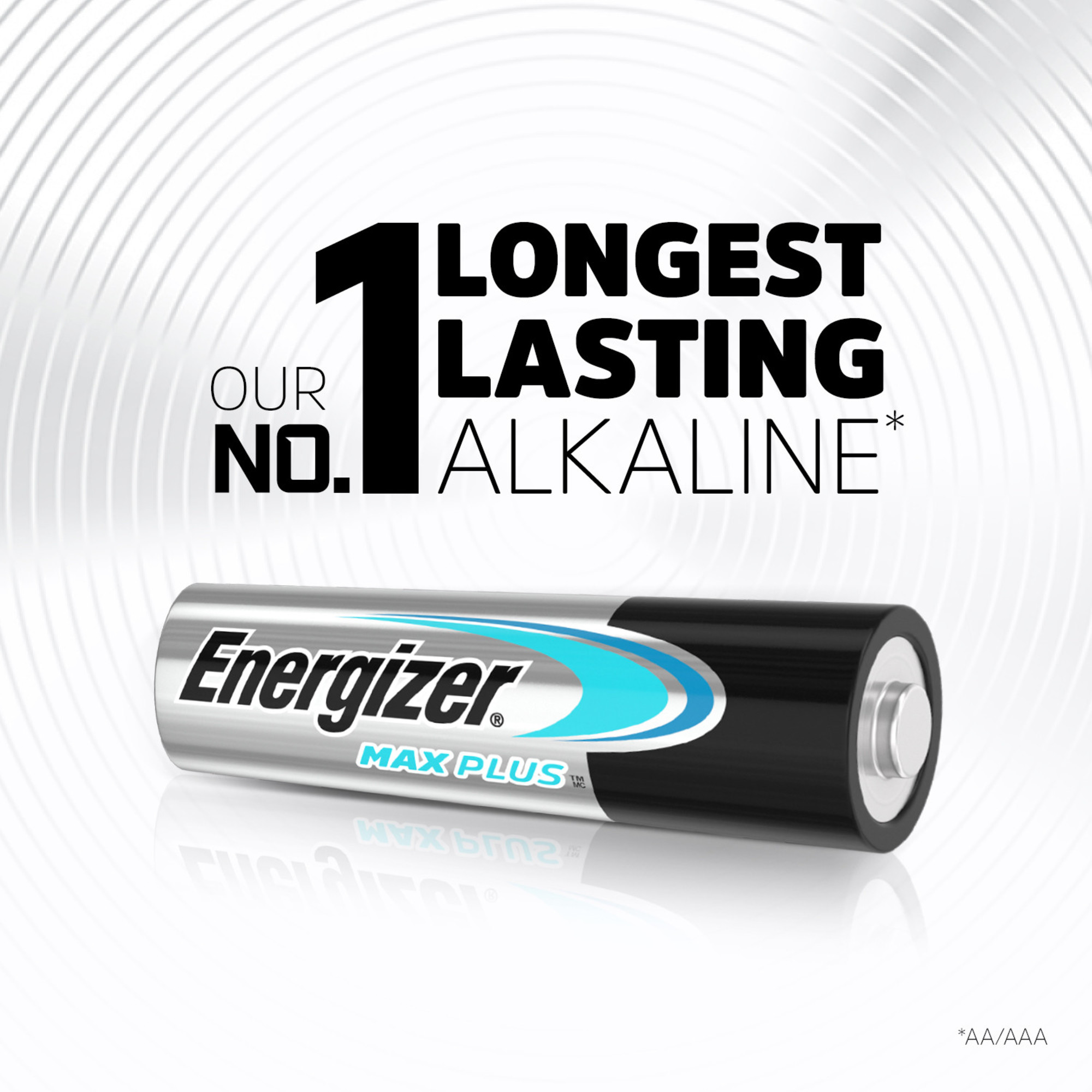 Czarna i srebrna bateria Energizer Max Plus AA z tekstem i logo na białym tle.
