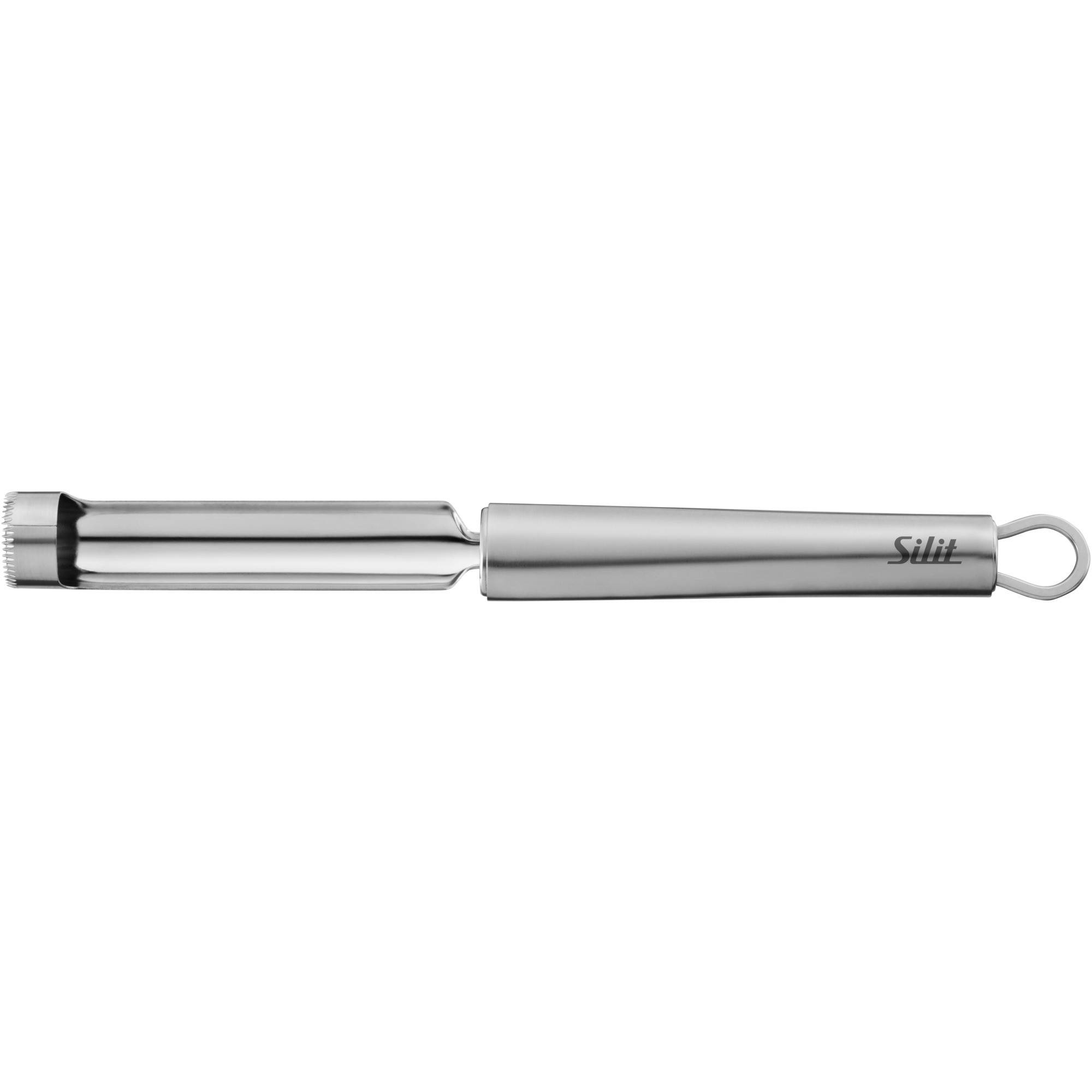 Apfelentkerner, metallisch silber mit Griff und gezahntem Ende, auf weißem Hintergrund.