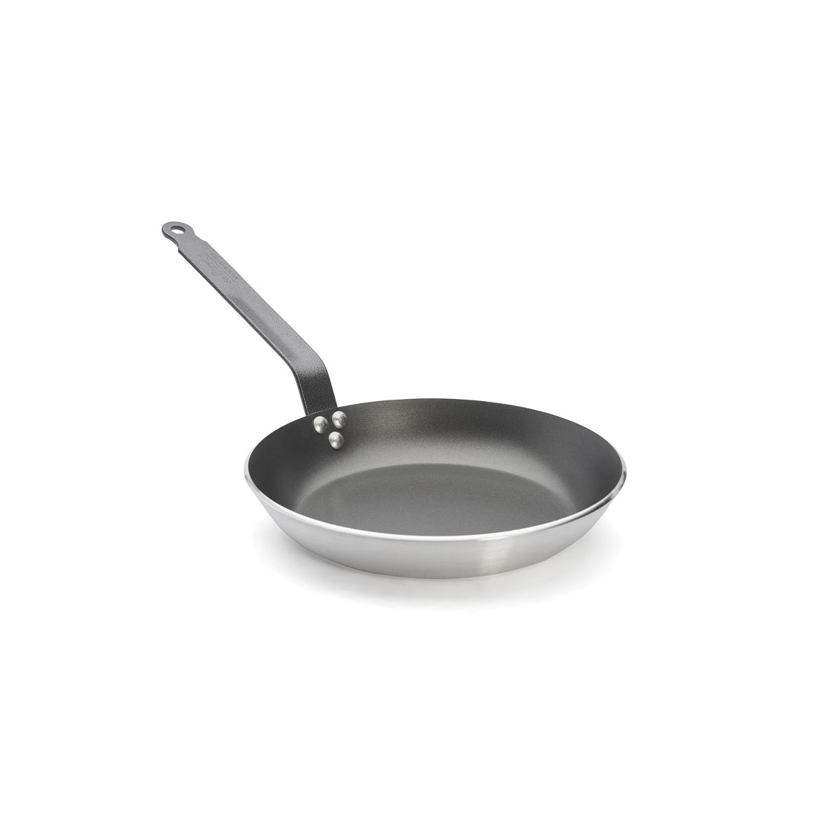 A black frying pan with a long handle, placed on a white surface. The pan is empty.