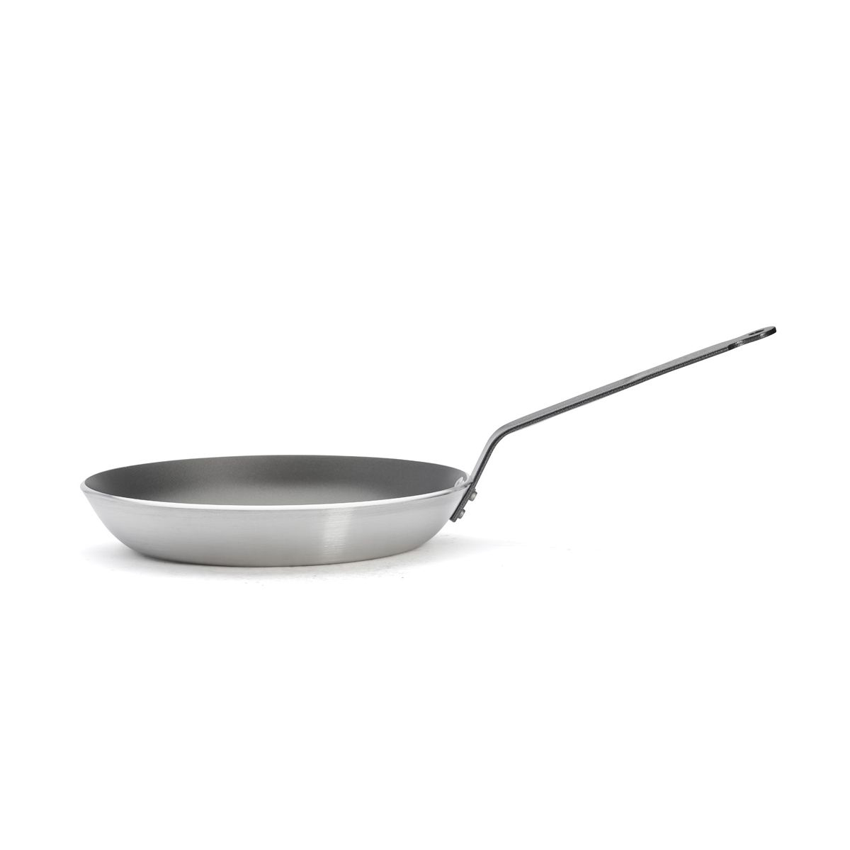 Small silver pan with handle. The handle is angled up. The interior is gray.