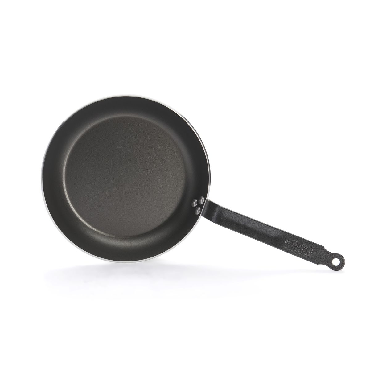 Black frying pan with a black handle on a white background.