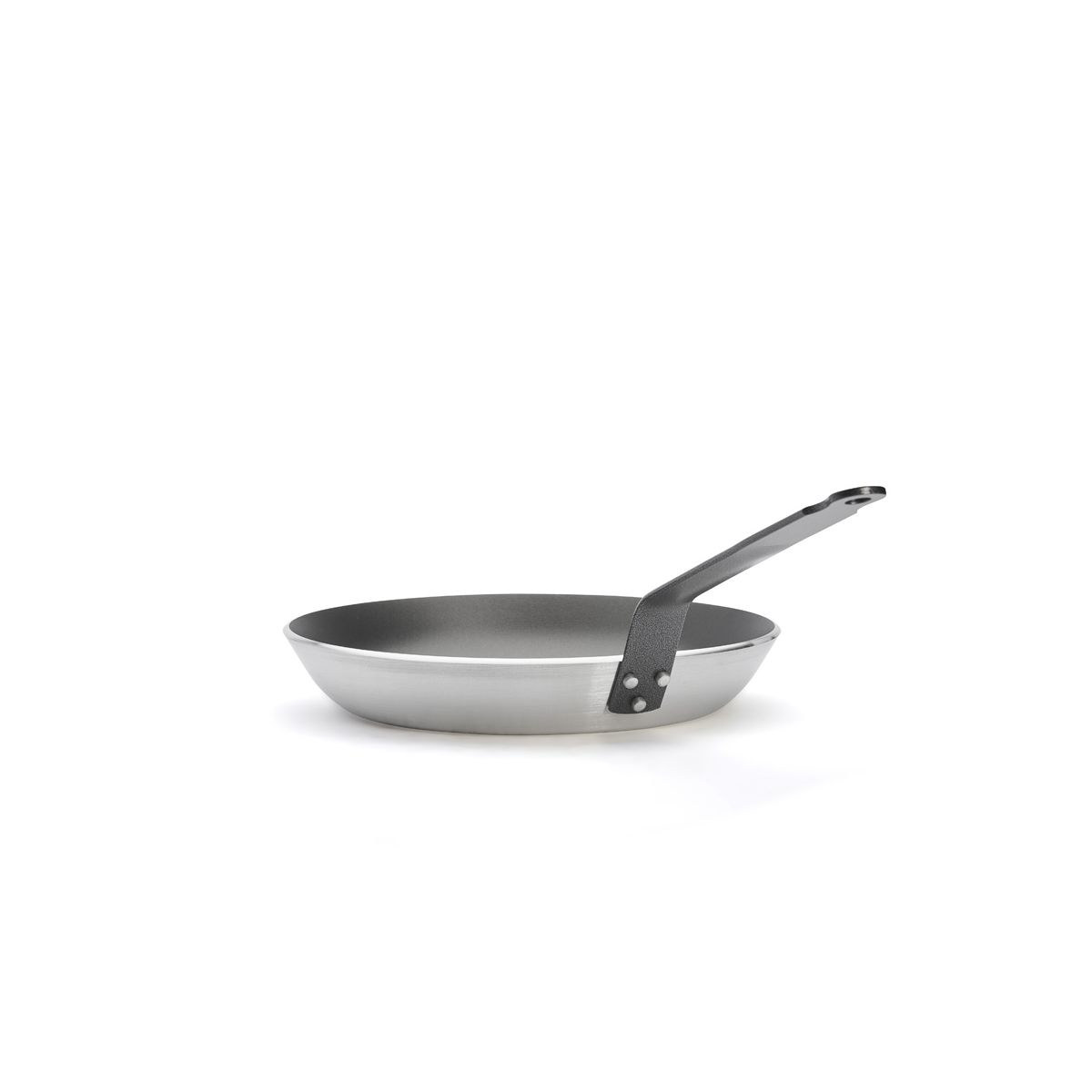 A frying pan with a silver body and handle, on a white surface.